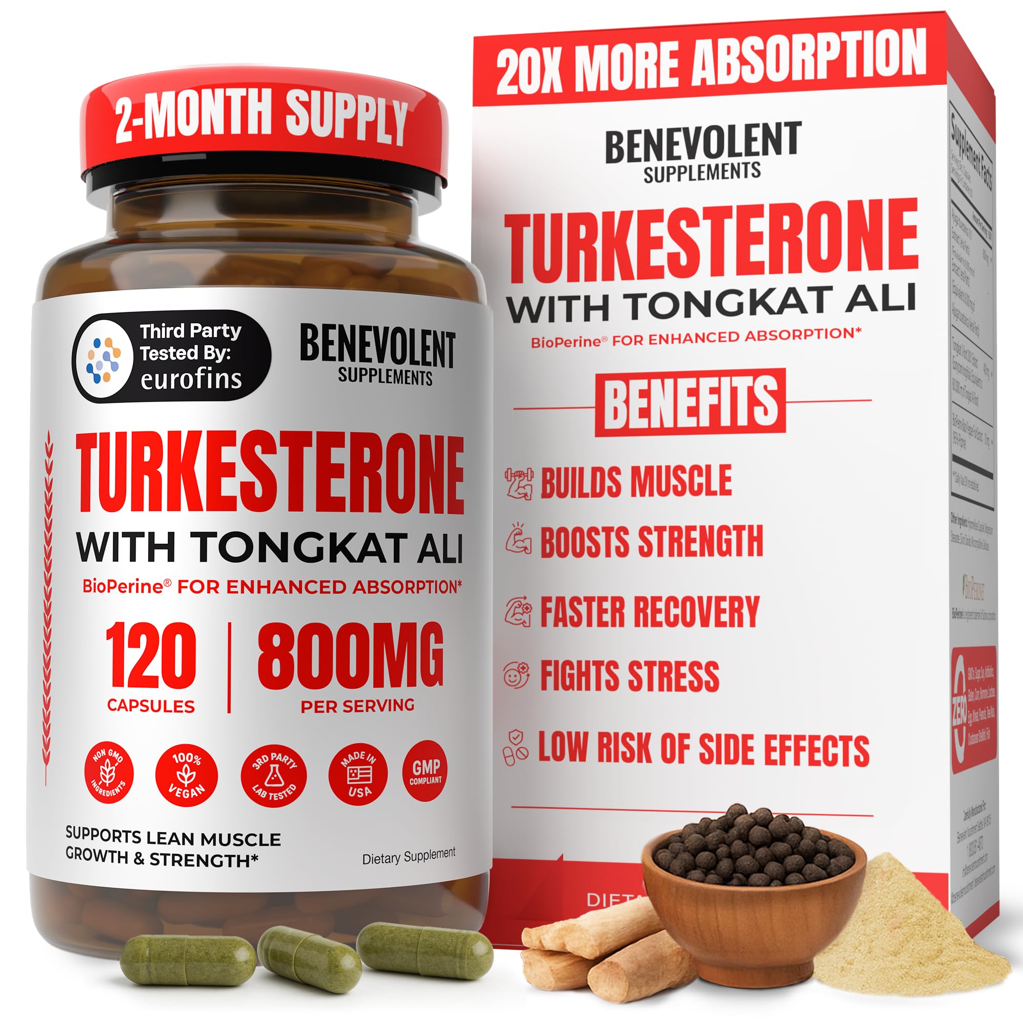 BENE Turkesterone with Tongkat Ali & BioPerine (Max Absorption) - Highest Purity 8,000mg Turkesterone Supplement for Men & Women - Increase Stamina, Muscle Growth, Drive & Recovery, 2 Months Supply