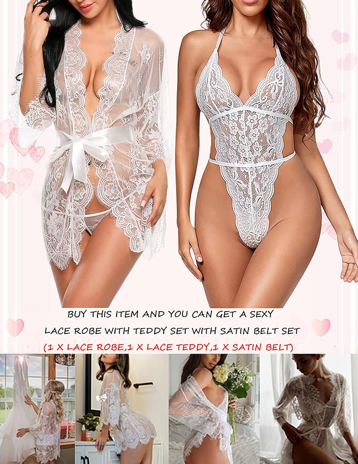 Avidlove Women Sexy Lingerie Set 2 Piece Lace Kimono Robe with Lace Teddy Lingerie Bodysuit - Image 2