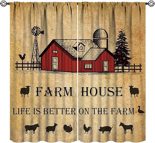 Cortinas rústicas para ventana, estilo retro, molino de viento antiguo, casa roja, aserrador, molino primitivo, vintage, occidental, estampado de