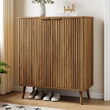 Fluted Shoe Cabinet with Doors, 5-Tier Shoe Storage Cabinet for entryway, Modern Wooden Shoe Storage entryway, Fluted Shoe Organizer Shoe Cabinet for Hallway,Living Room,Natural Oak