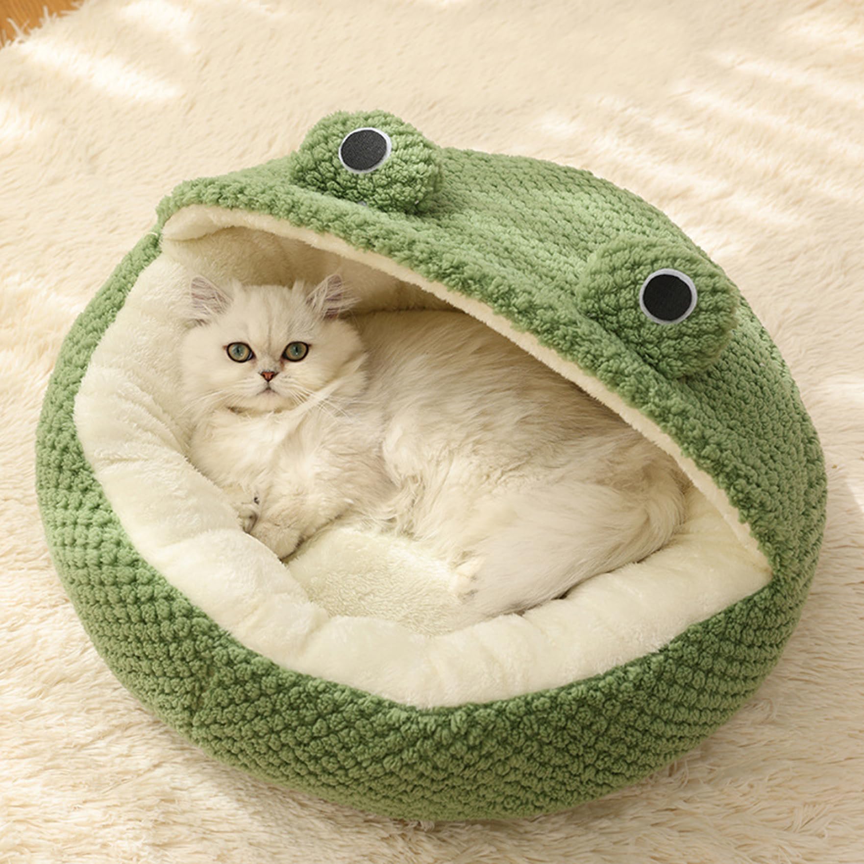YLFYSL Cute Frog Cat Bed, Cozy Cave, Kitten Sleeping Bag With Non-Slip Base, Warm Velvety Bed for Indoor Cats, Removable Cushion, Nest Igloo Design for Security and Comfort
