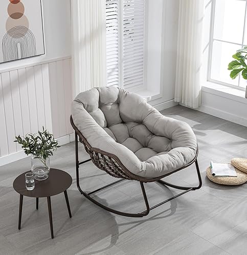 Miniatura 9 de Mecedora para exteriores, silla mecedora de huevos de mimbre de gran tamaño, para interiores y exteriores, cómoda silla mecedora con cojín grueso,