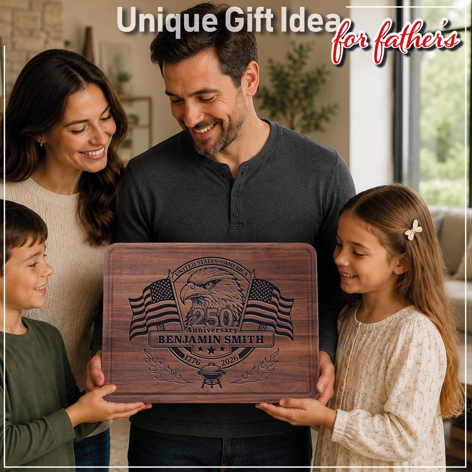 Personalized BBQ Cutting Board for Dad, Grandpa, Husband, Grilling Gifts for Men, Fathers Day, Birthday or Christmas, Custom Engraved Grill Board with American Flag Eagle 250th Anniversary Design image 4