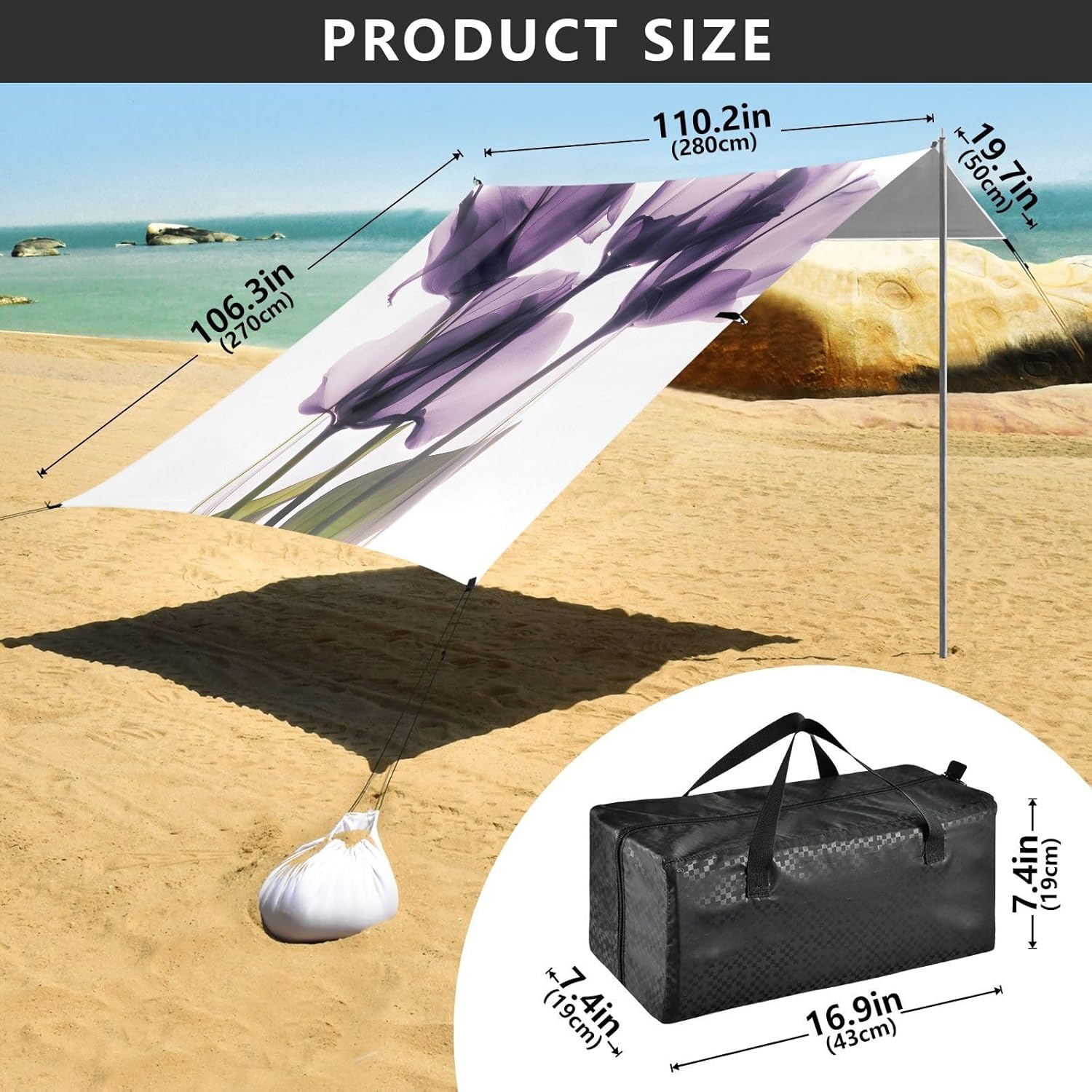 ALAZA Purple Calla Lily Beach Tent Sun Shelter UPF50+ Protection Beach Shade Canopy w/ 4 Sandbags for Outdoor Camping, Fishing, Backyard Fun, Picnic, 10x9 ft