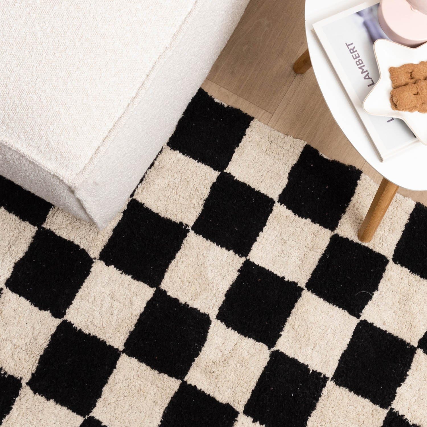 FRAAI | Home & Living Tapis de Salon rétro - Gambit Noir/Blanc - 140x200 cm - Pile Haute - Tapis de Salon Shaggy - Rectangulaire