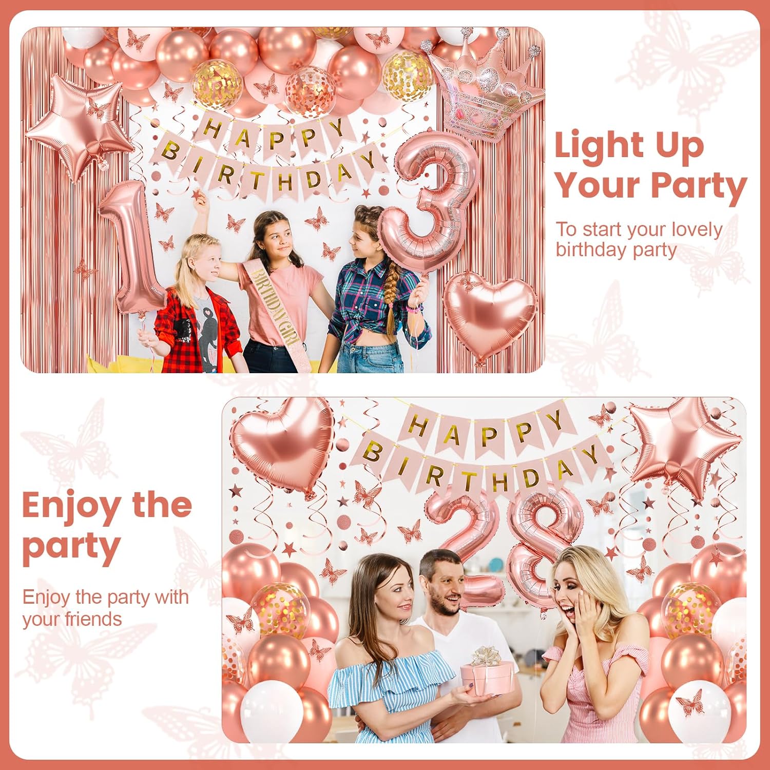 22nd Birthday Decorations for Women, Rose Gold 22 Birthday Party Decorations Include Heart Star Foil Confetti Balloons, Rose Gold Fringe Curtain, Hanging Swirls - Image 5