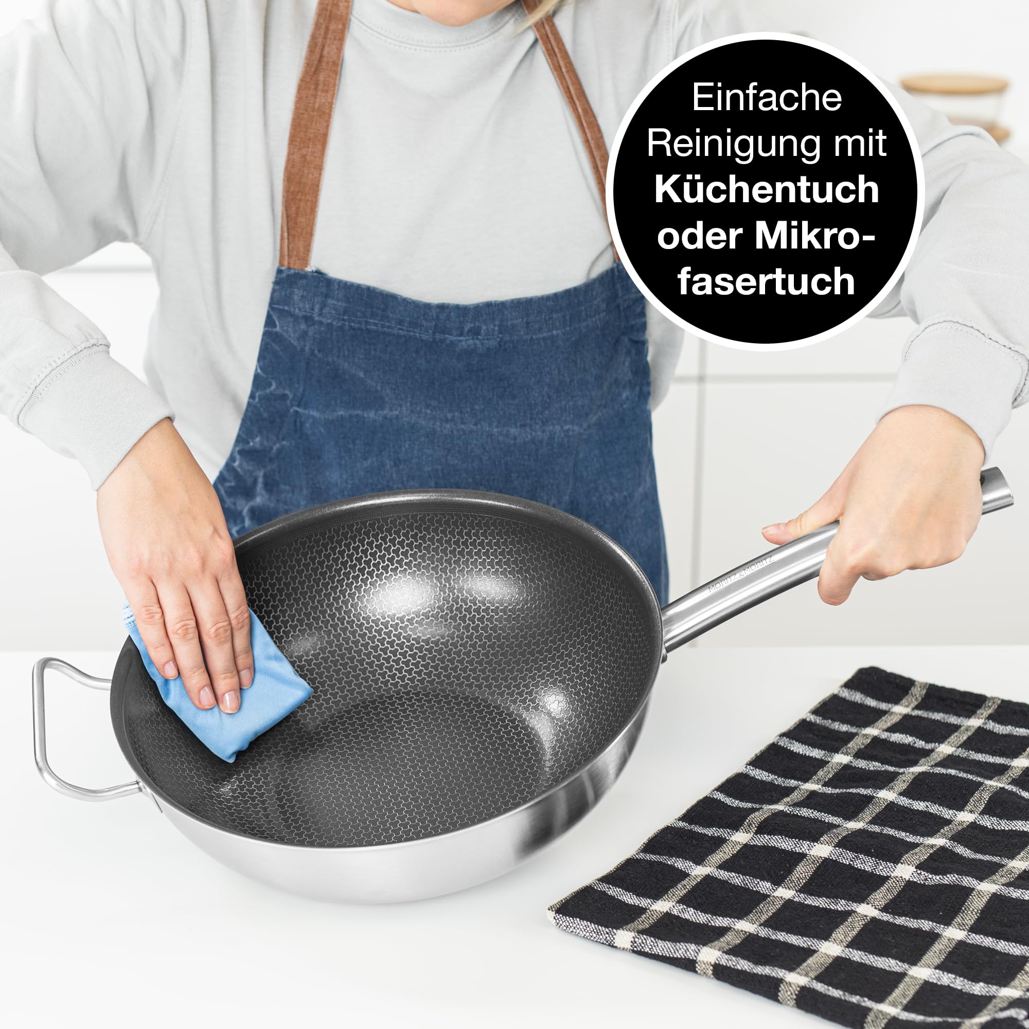 Moritz & Moritz Edelstahl Wokpfanne 30cm mit Keramikbeschichtung der neuesten Generation - für alle Herdarten geeignet - Antihaft Wok Wabenstruktur zum Kochen, Braten und Schmoren