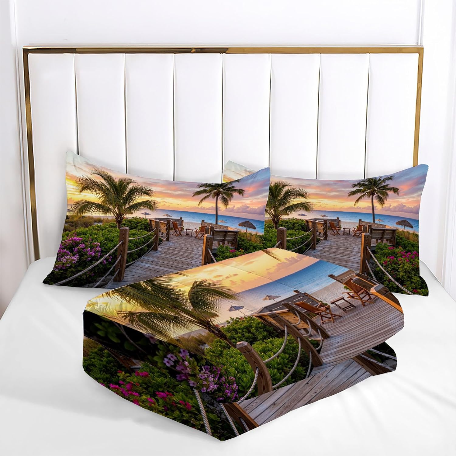 Natural Scenery Comforter Set Queen Size, Sunset Beach Bedding Set for Girls Boys, Orange Color Quilt Bed 90"X90" Bedding Comforter Sets with 2 Pillowcase Room Decor
