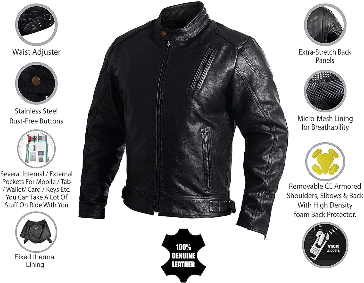 Mens Leather Motorcycle Jackets Black Moto Riding Motorbike Racing Cafe Racer Biker Jacket CE Armored (L) : Automotive