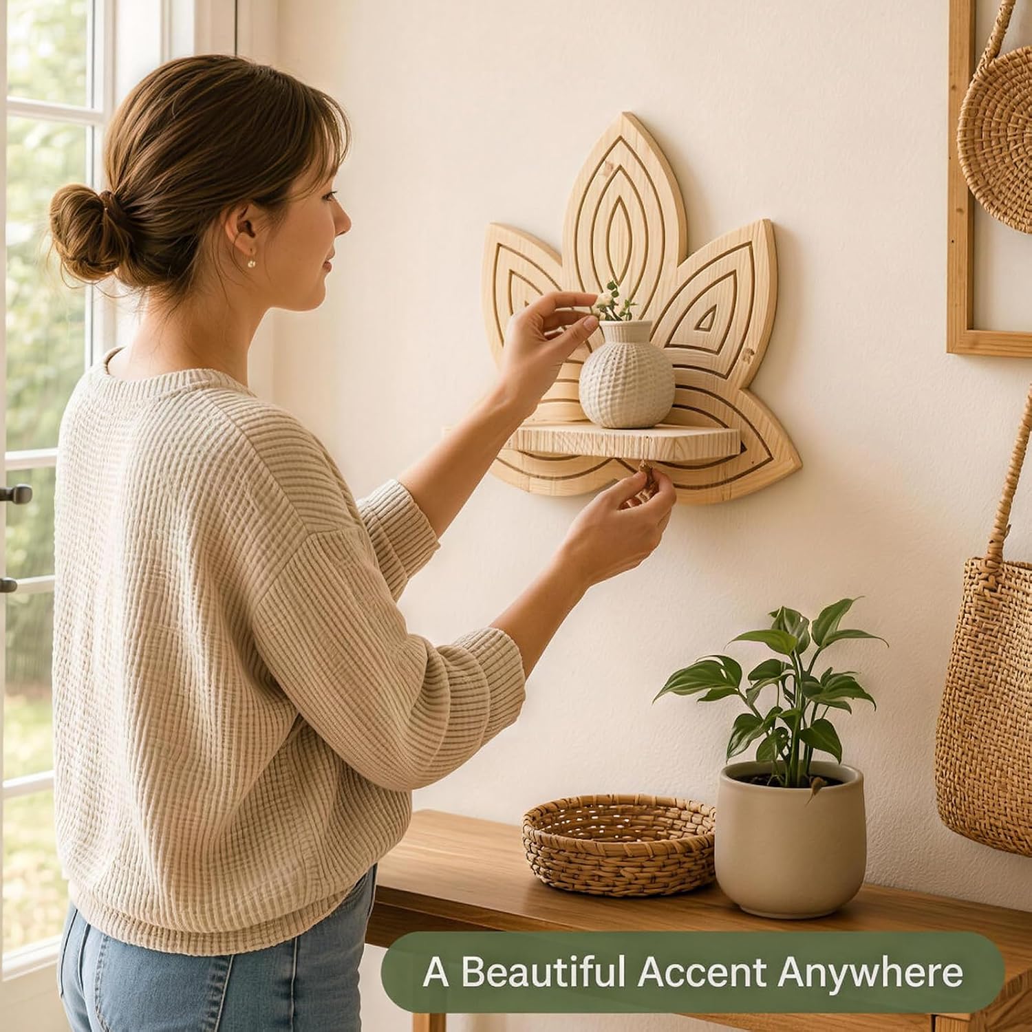 Carved Lotus Flower Wooden Floating Wall Shelf, Bohemian Style Lotus Flower Wall Art, 11.61x11.61x4.33 Inch Hollow Wall Mount Display Rack