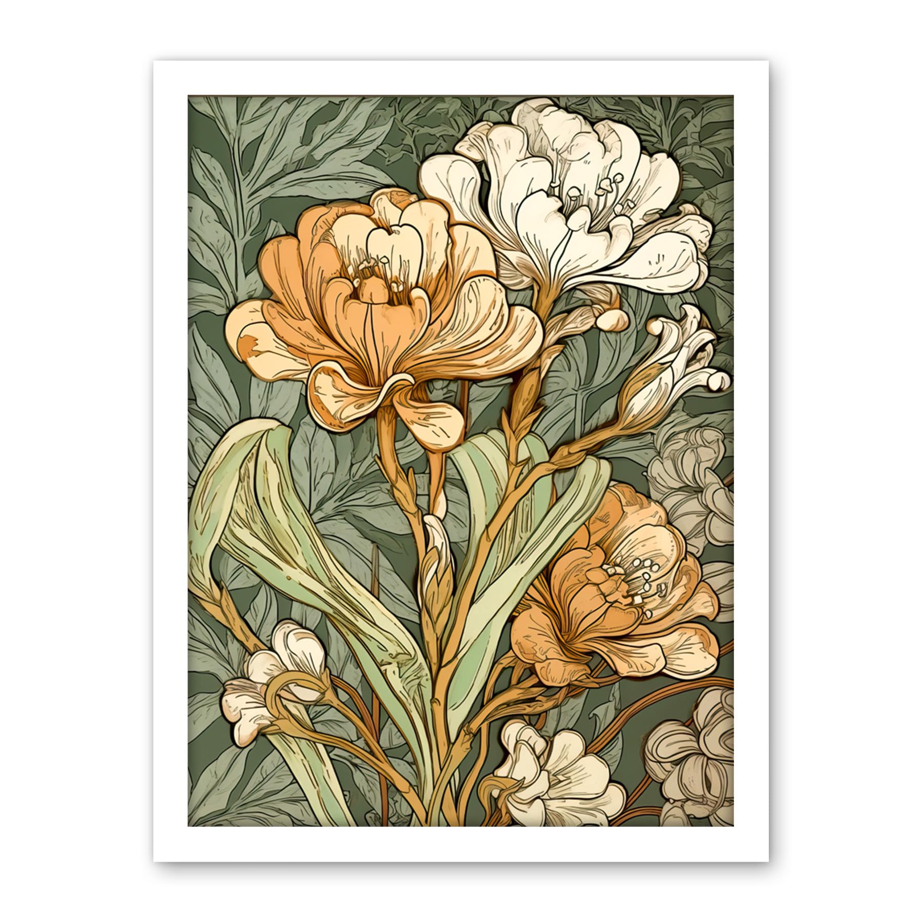 Artery8 White and Yellow Freesia Flower Blooms Watercolour Artwork Framed Wall Art Print 18X24 Inch