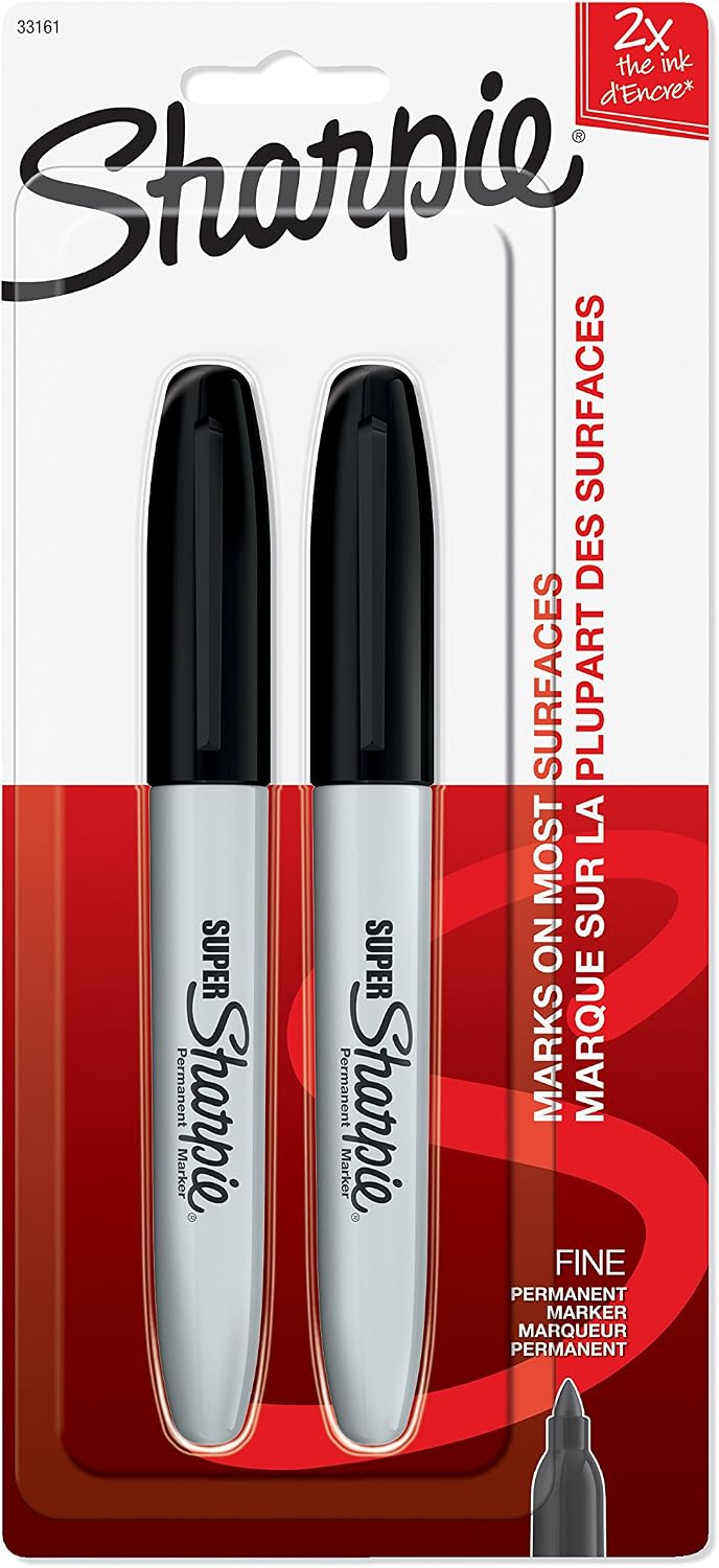 Sharpie Super Permanent Fine Point Marker, Proudly Permanent Ink Marks On Paper, Plastic, Metal, and Most Other Surfaces; Super Large Ink Supply for Extended Life, Black, 1 Blister Pack of 2 Markers (33161PP)