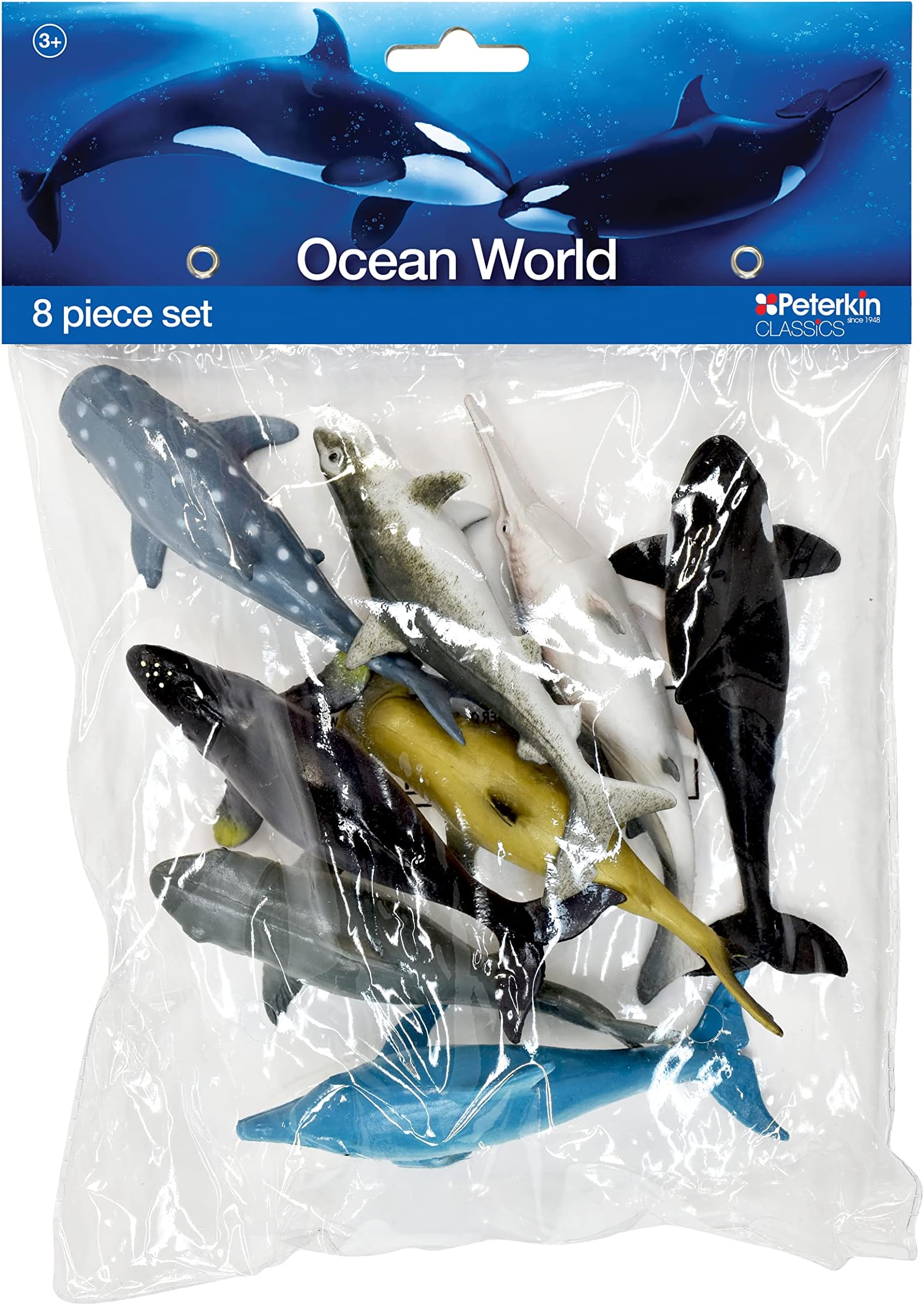 PETERKIN CLASSICS Ocean World 8-Piece Set | Dolphin, Whale, Tiger Shark, White Shark at 12-14cm Each | Roleplay Toys | Ages 3+
