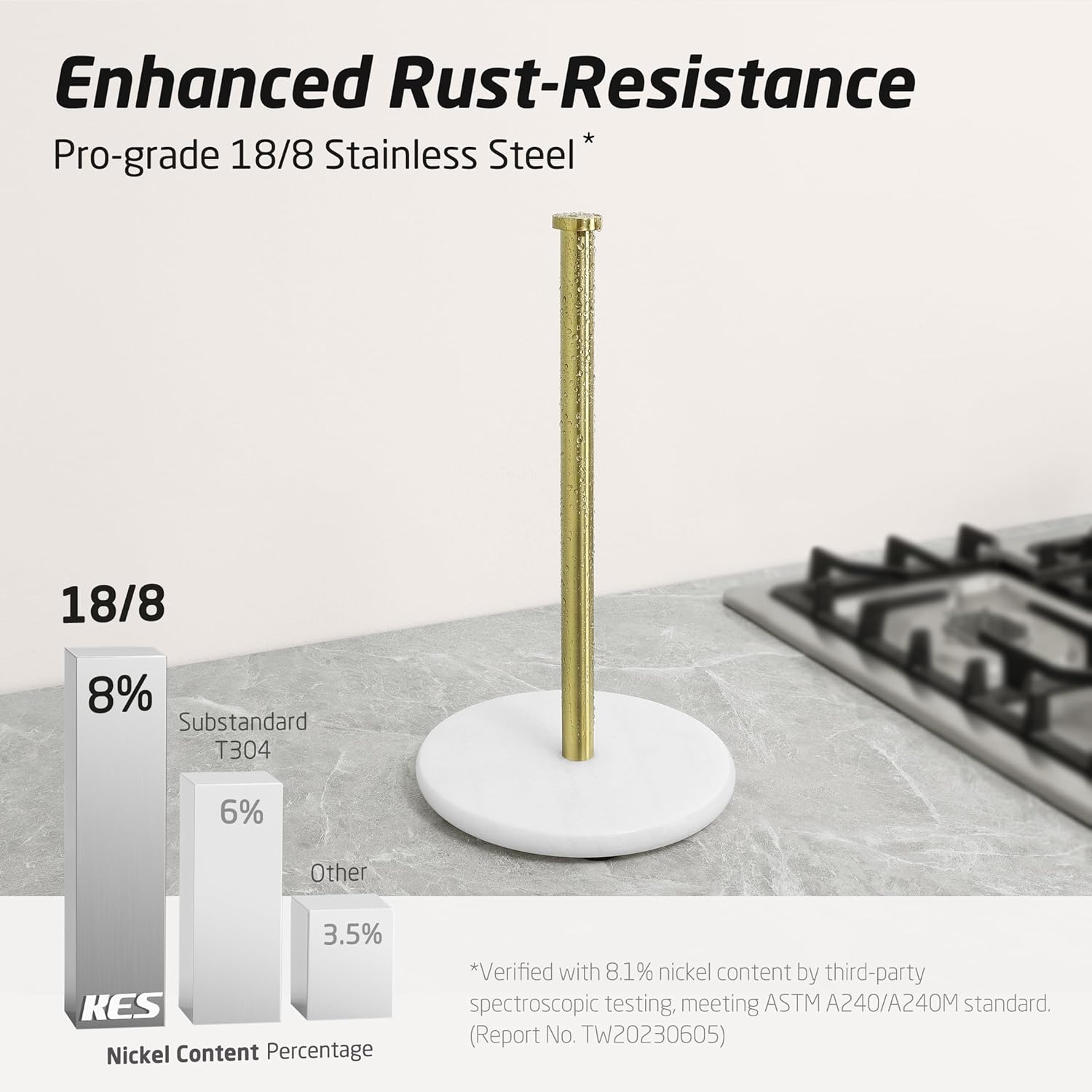 KES Marble Paper Towel Holder Gold Countertop, Kitchen Standing Paper Towel Holders Marble Base Standard or Jumbo-Sized Rolls Brushed Gold, KPH100-BZ