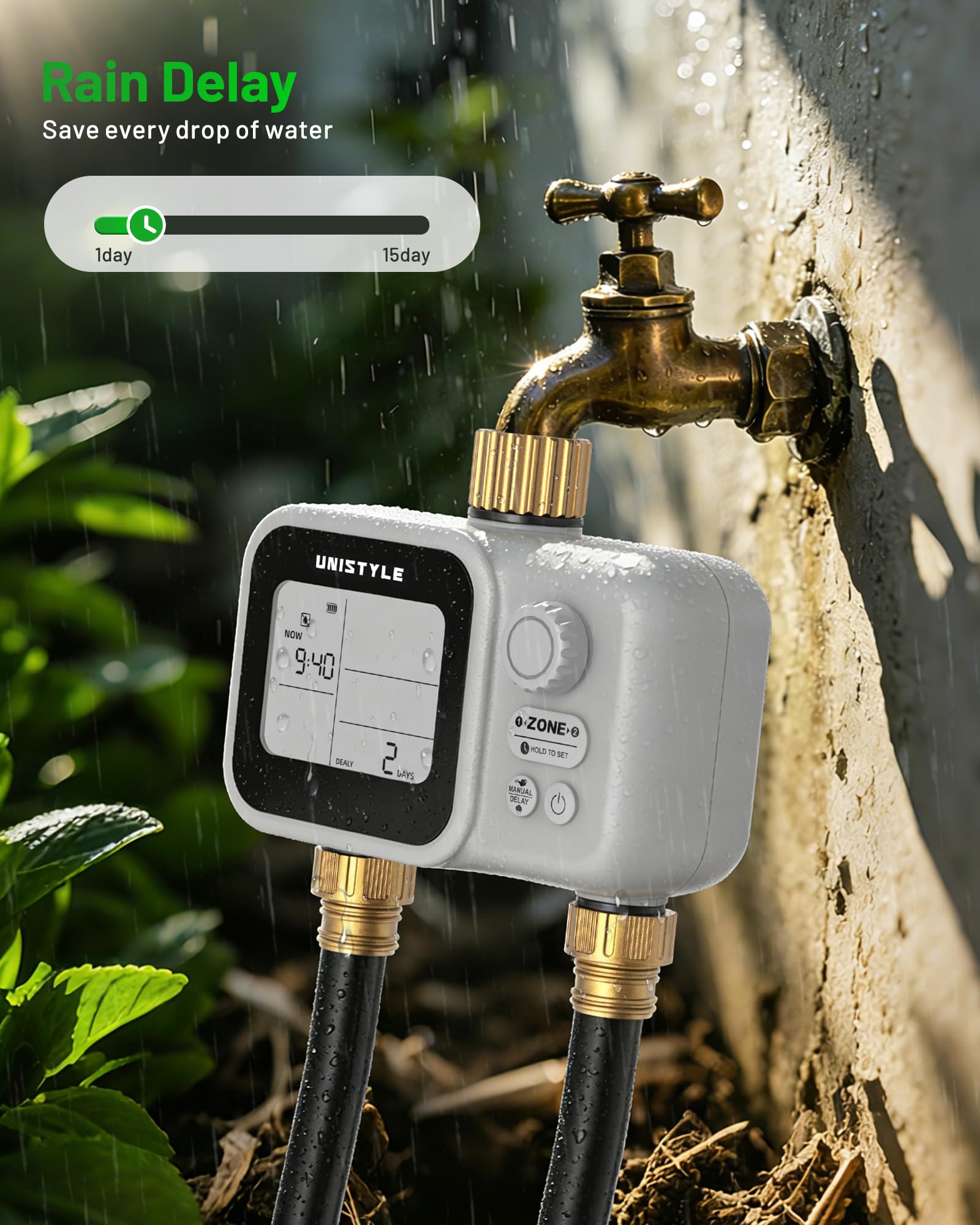 Timer a 2 zone con ingresso in ottone, fonti d'acqua a bassa pressione, valvola a sfera Unistyle per tubo da giardino, ritardo della pioggia, controllo manuale, irrigazione automatica per timer per