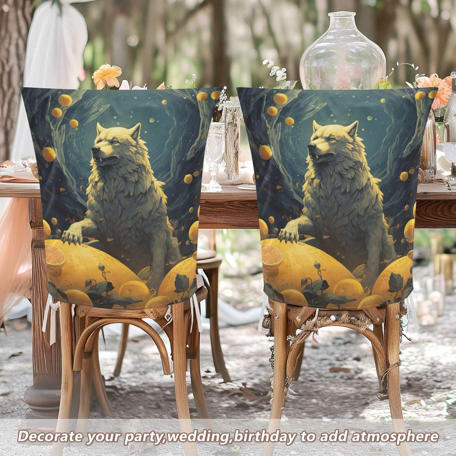 ALAZA Wolf and Lemon Chair Back Cover Set of 6, Washable Reusable Removable Chair Slipcovers Decorative Chair Cover for Home Kitchen Wedding Party