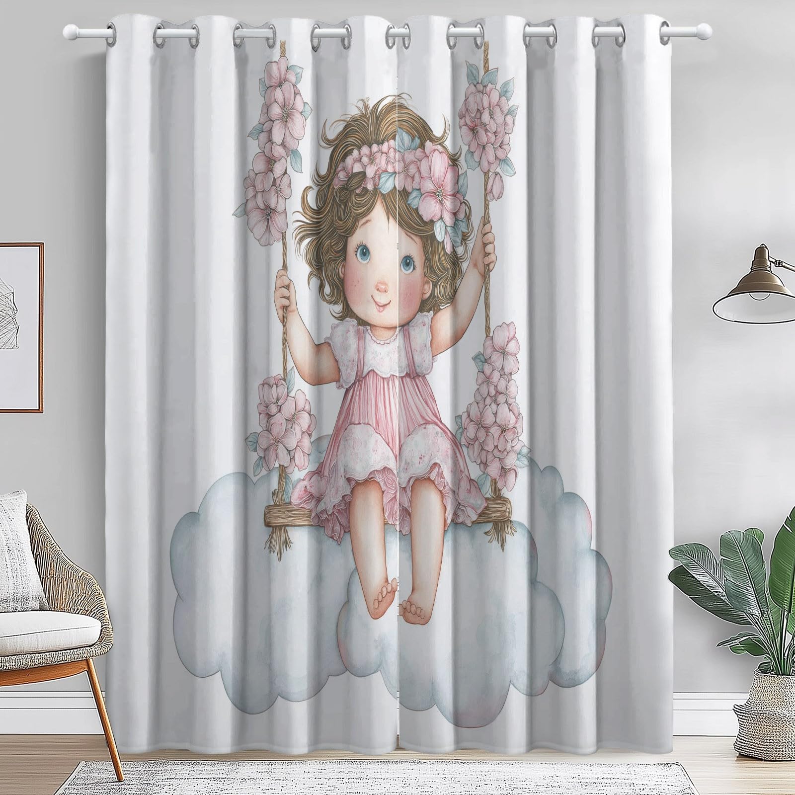 Rideaux fille à oeillets imprimé balançoire fleurs roses et bleu clair de 100x178 cm pour chambre