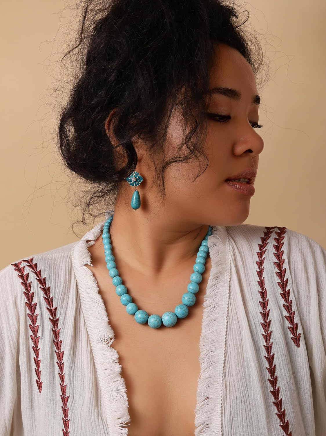 MINACHI Boho Created Turquoise Bead Long Strand Necklace, Bohemian Statement Jewelry Gift for Women