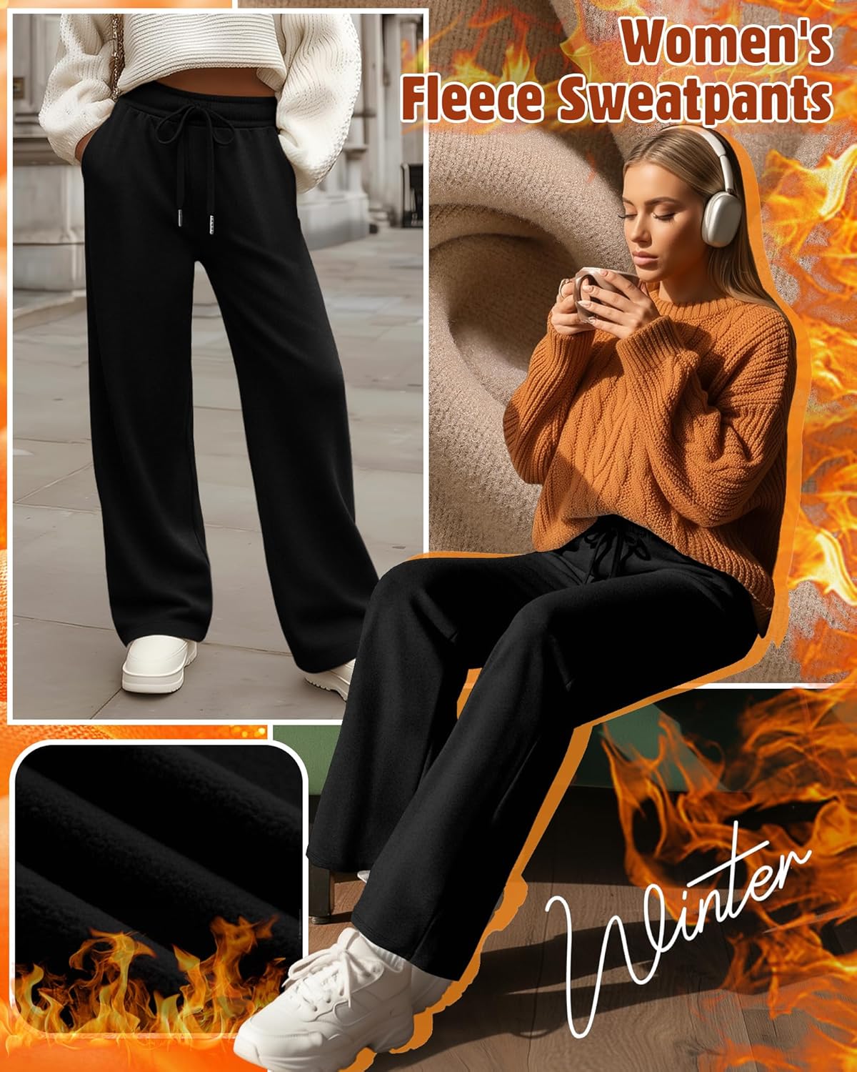 3 Pack Women's Wide Leg Fleece Lined Sweatpants Thermal Lounge Warm Pants Drawstring Elastic Waisted with Pockets - Image 3