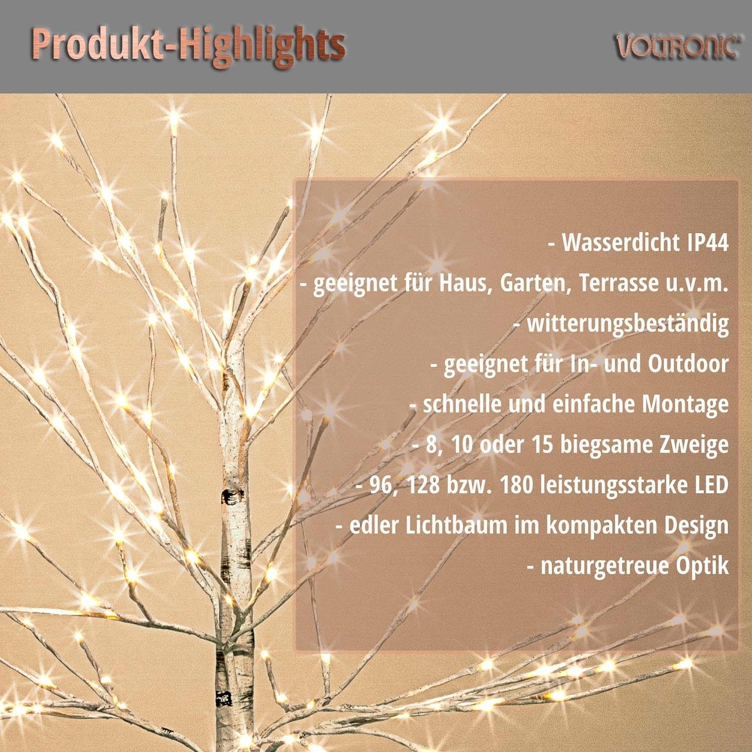 VOLTRONIC LED Baum Birkenoptik, innen und außen, IP44, warmweiß, Timer, Fernbedienung, Größenwahl, 180 cm 180 LEDs