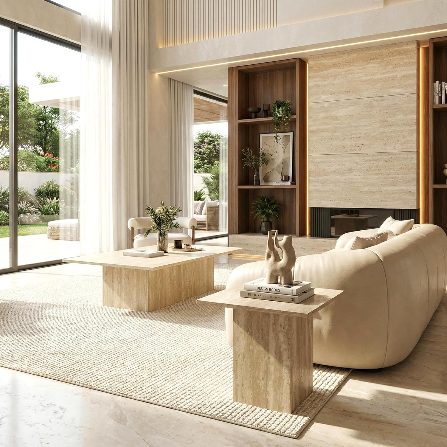 HNY Coffee Table and End Table Set of 2 Modern Square Nesting Coffee Table Faux Marble Side Table Wooden Beige Travertine Finish for Living Room, Reception Room, Home Office