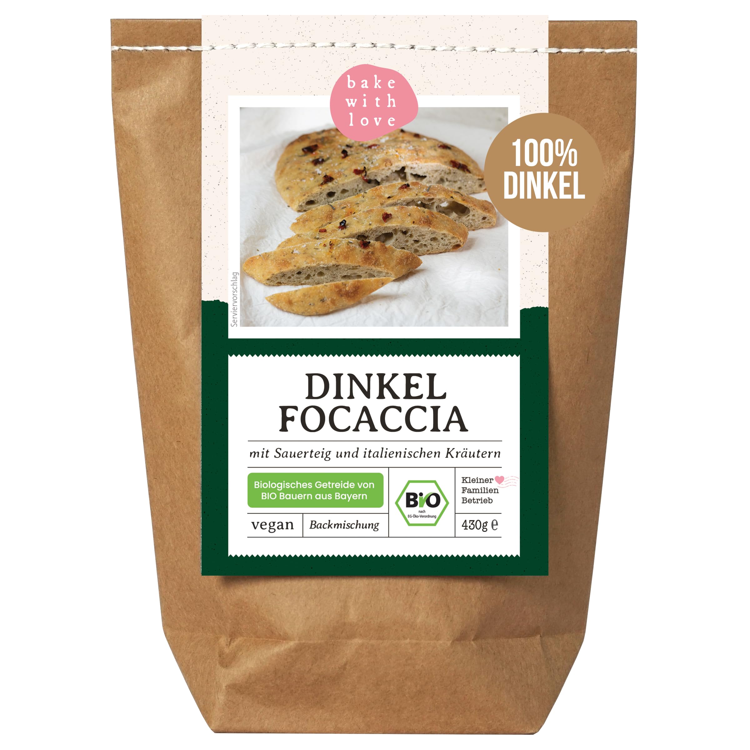 Bio Dinkel Focaccia Backmischung – mit 100 % Dinkelmehl, Dinkelsauerteig & italienischen Kräutern – fast ohne Hefe – Fladenbrot für den Ofen – Bake with Love – 10er Pack