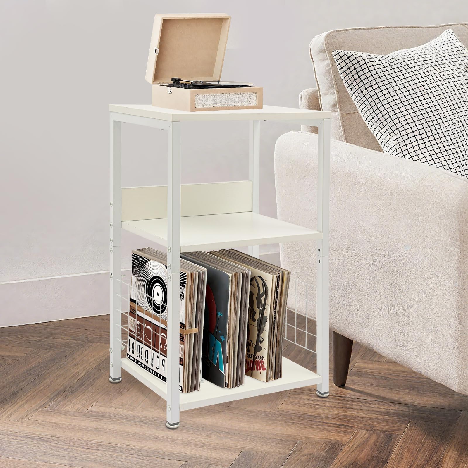 Mobile Vinile Stoccaggio a 3 livelli Ripiano Giradischi carico 45kg Struttura Ferro MDF Stabile Separatori Porta dischi Rimovibili Tavolo di Supplemento per Soggiorno Camera Ufficio