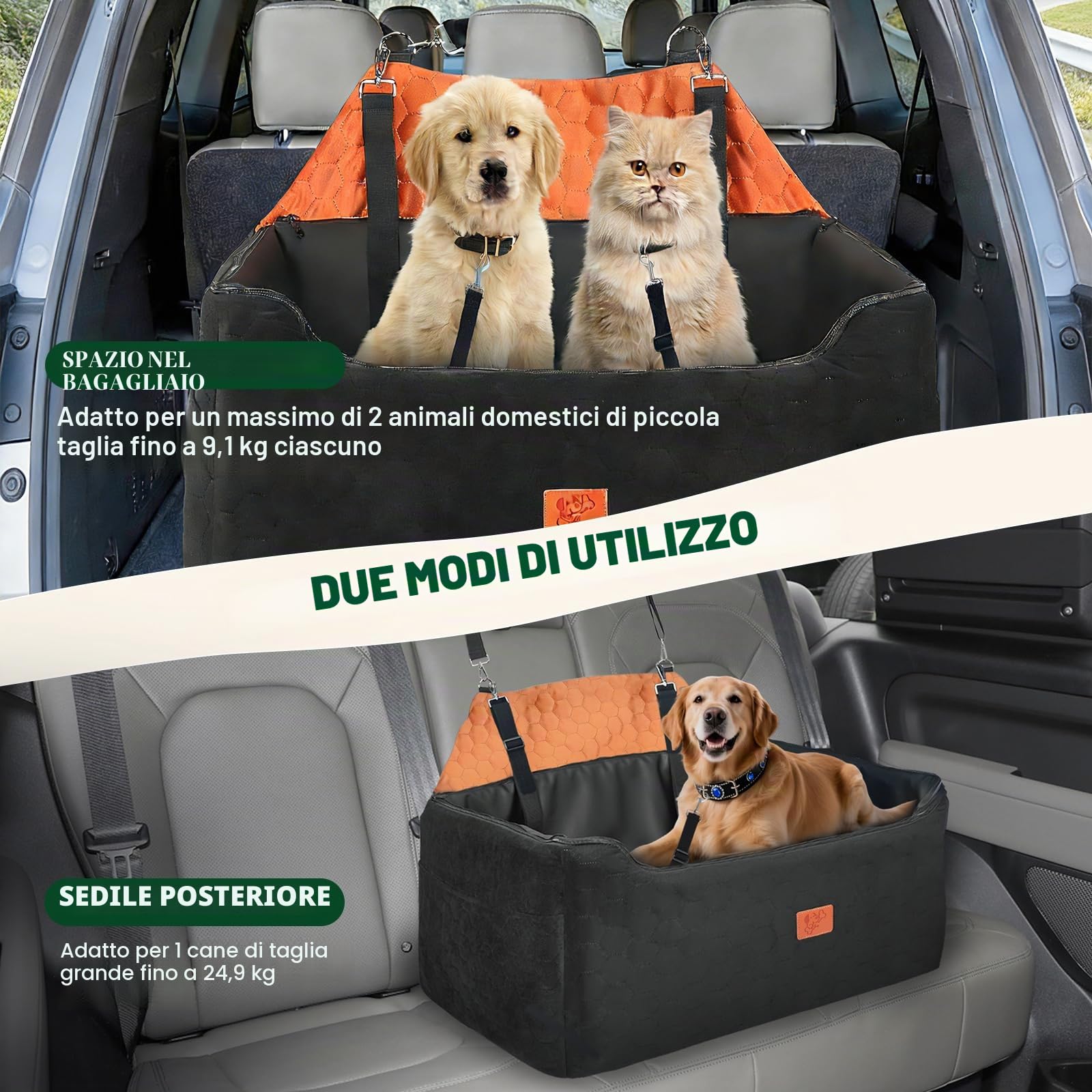 Seggiolino Auto per Cani,Rialzo Rimovibile e Lavabile per Cani di Taglia Media e Grande con Rivestimento in Pelle Impermeabile,Guinzaglio Incluso,Seggiolino Cane Auto più Pesanti(Nero brunastro)