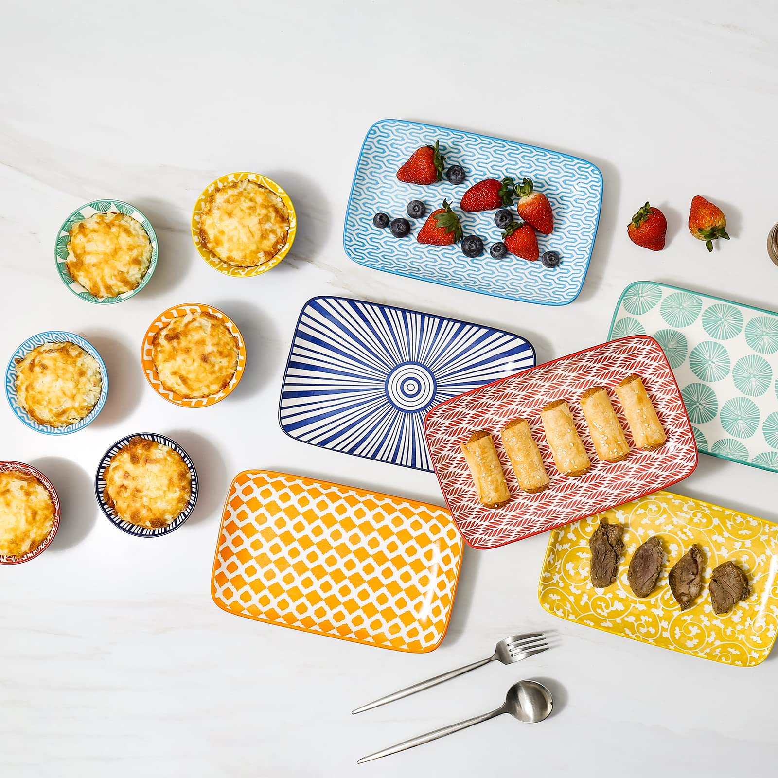 KitchenTour - Bandeja rectangular para servir (20,3 cm, 20,3 cm, incluye 6 platos para ensaladas, aperitivos, sushi, frutas, microondas y lavavajillas