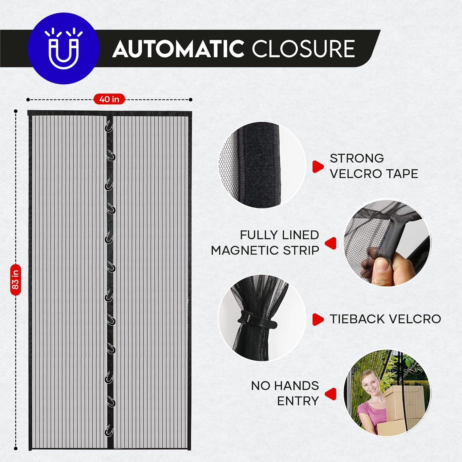 FLEXIBLE MAGNETS Magnetic Screen Door - Used as Doorway Curtains, Mosquito net, Temporary Door, Window Screens and Patio Screen Mesh - Friendly Door Screen Magnetic Closure - 83 Inch x 40 Inch Black - - 