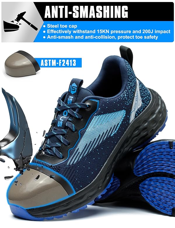 ISOOUS Steel Toe Shoes for Men Non Slip Work Shoes Women Lightweight Comfortable Safety Work Shoes for Men Puncture Proof Steel Toe Sneakers for Construction Navy Blue by ISOOUS - Used condition - Image 3