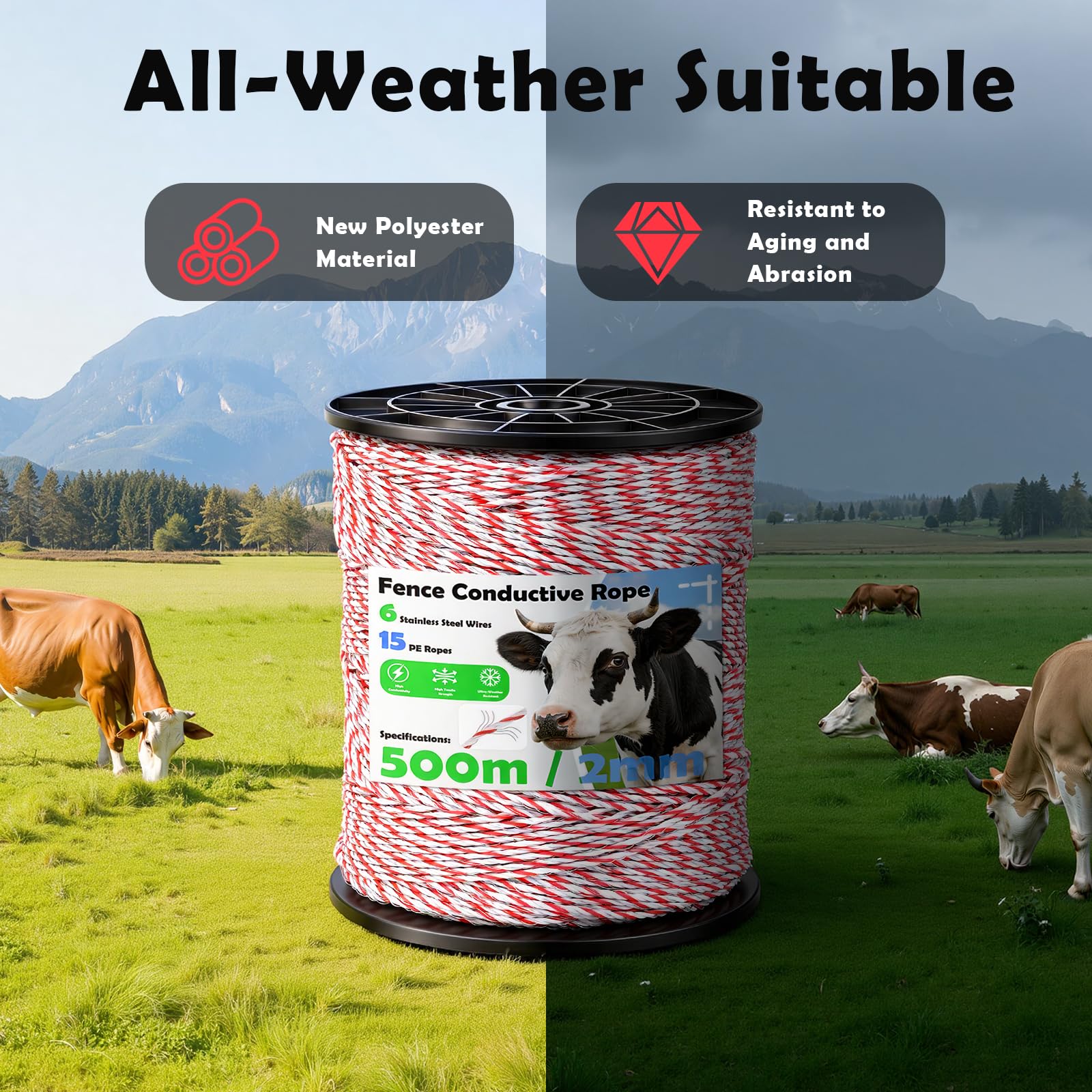 Corda per Recinzione 500 m, 2 mm 6 Trefoli Acciaio Inossidabile, Corda Resistente, Alta Conduttività Cavo per Recinzione per Cani, Cavalli, Bovini, Pecore (Bianco-Rosso)