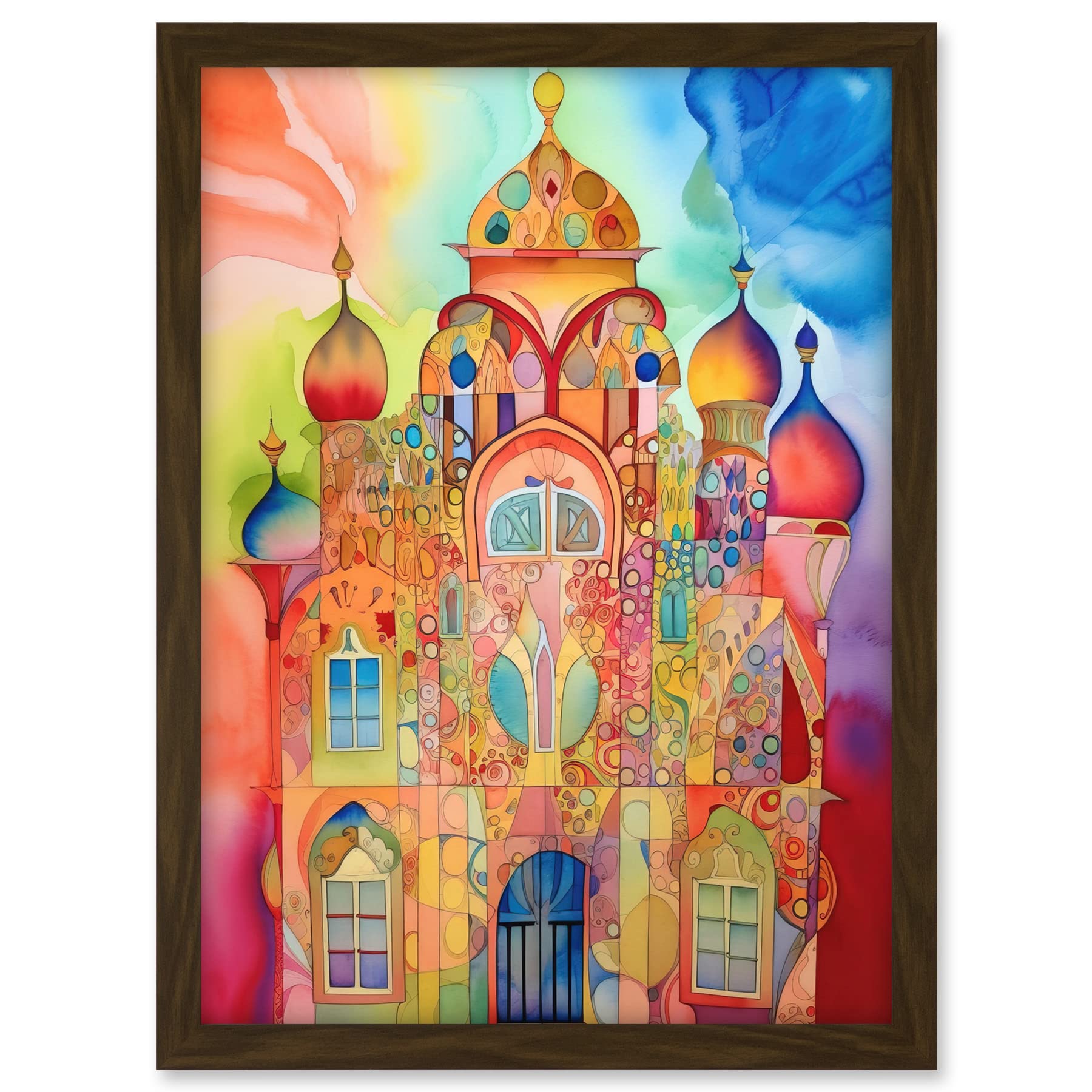 Artery8 Jewish Synagogue Decorated Building Vibrant Folk Art Watercolour Painting Artwork Framed A3 Wall Art Print