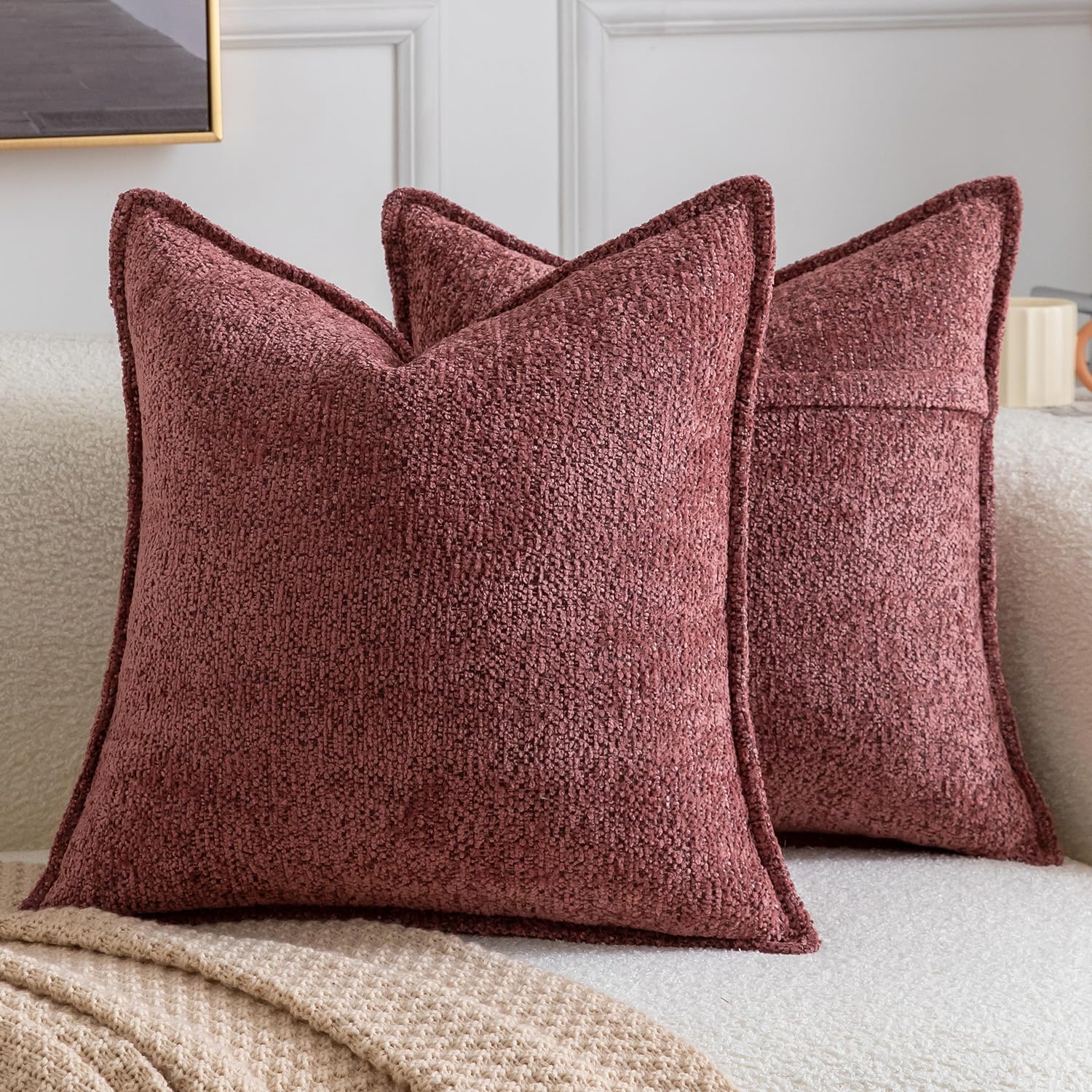 Madizz Pack of 2 Decorative Cushion Covers Boho Soft Textured Chenille Throw Pillows Solid Euro Sham Pillow Covers for Couch Sofa Bedroom Living Room 60x60 CM, Burgundy