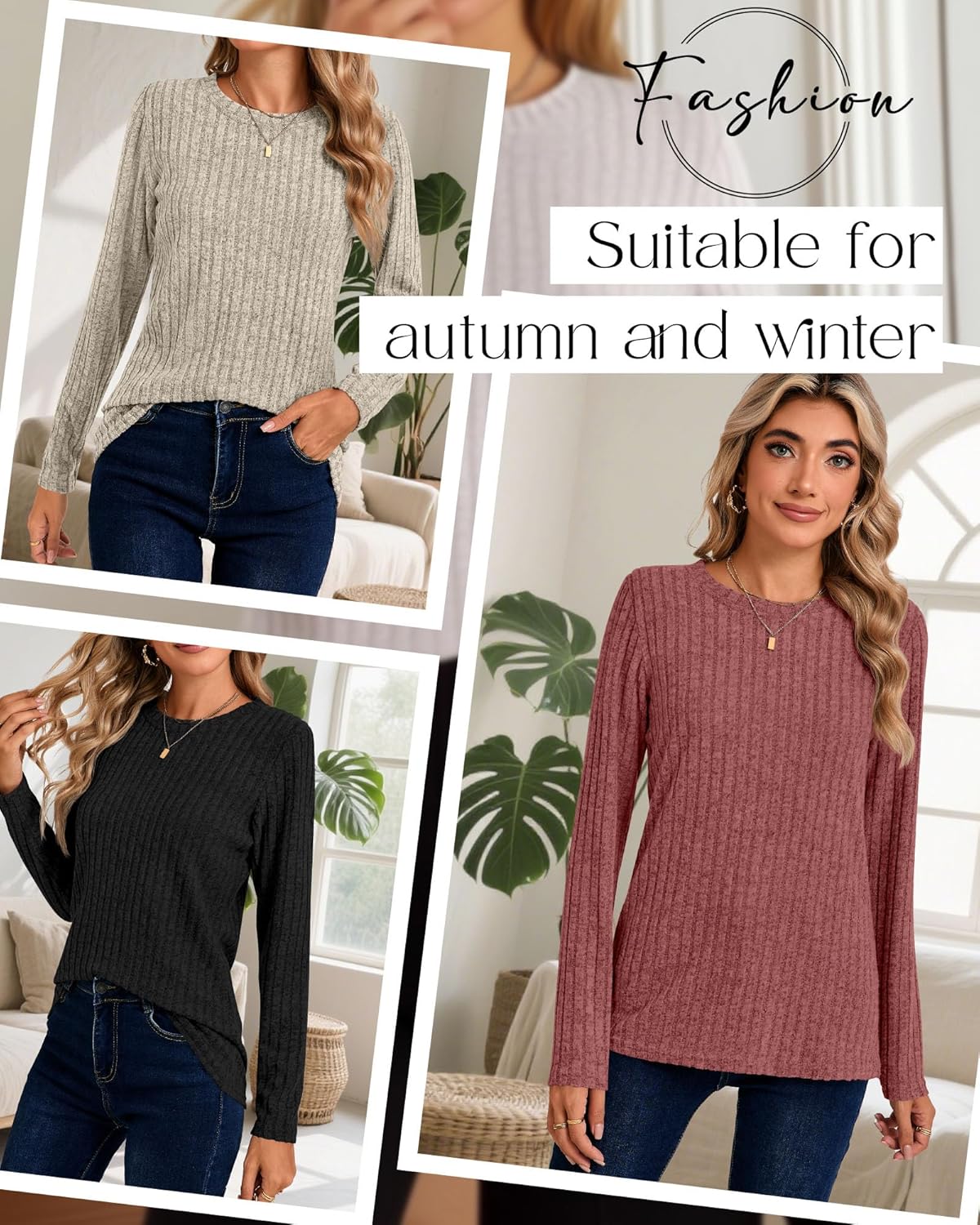 Huukeay 3 Pack Women's Long Sleeve Sweaters, Lightweight Crew Neck Shirts Regular Fit Tunic Tops Casual Solid Color Pullover - Image 5