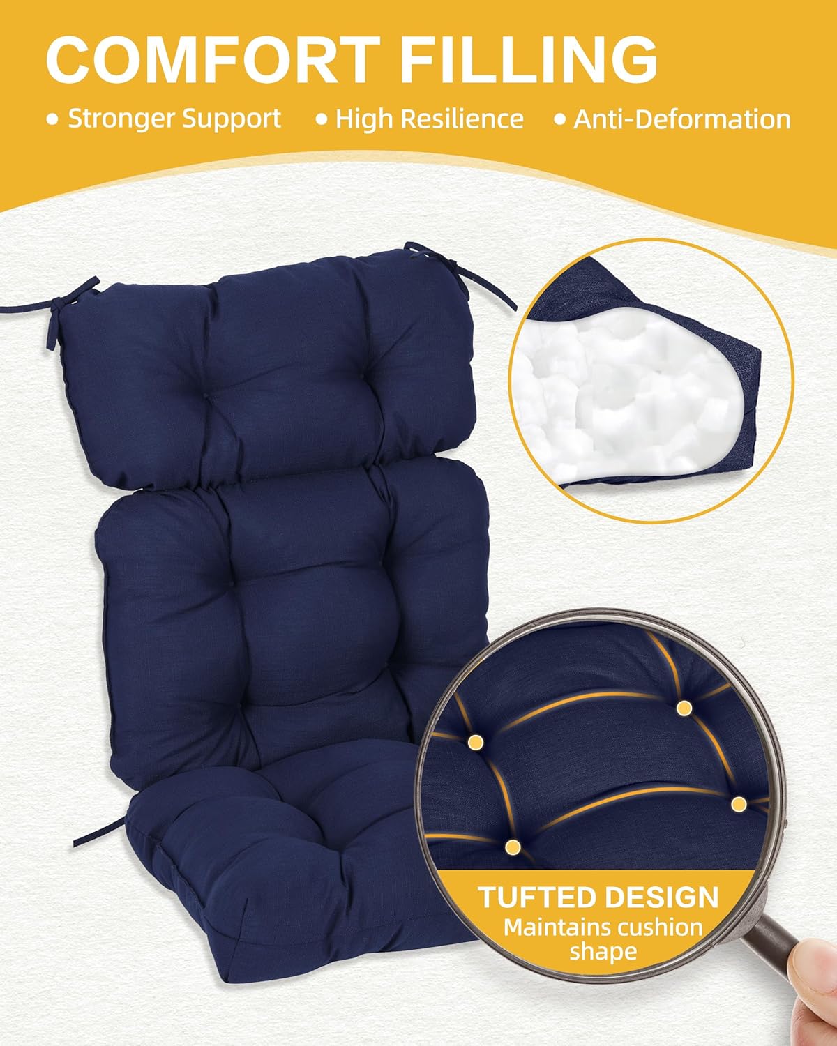 BPS 22x45x5 inch High Back Patio Tufted Chair Cushion Set of 2, Water Resistant Indoor Outdoor Seat Chair Cushions Back Patio Rocking Pads for Furniture, Dark Blue
