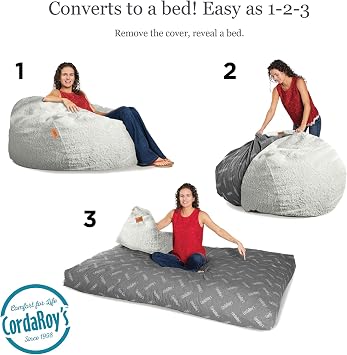 CordaRoy's Faux Fur Bean Bag Chair, Convertible Chair Folds from Bean Bag to Bed, As Seen on Shark Tank - White, Full