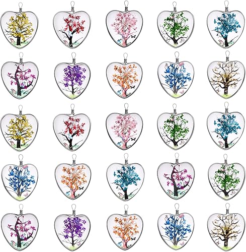20 colgantes de árbol de flores secas de mariposa mixta, dijes de árbol de la vida, abalorios de vidrio transparente con encaje de flores prensadas
