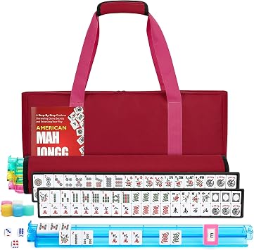 American Mahjong Tile Set,166 White Tiles Mahjong Set,4 Colors Mahjong Racks,Travel Mahjong Set with Red Carrying Bag