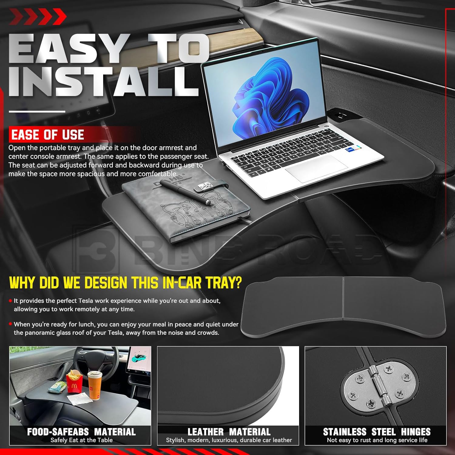 Car Folding Tray Table Leather Compatible with Tesla Model 3 Y – Multi-Use Dining Tray & Laptop Stand, Fits Front Driver & Passenger Seats,Black