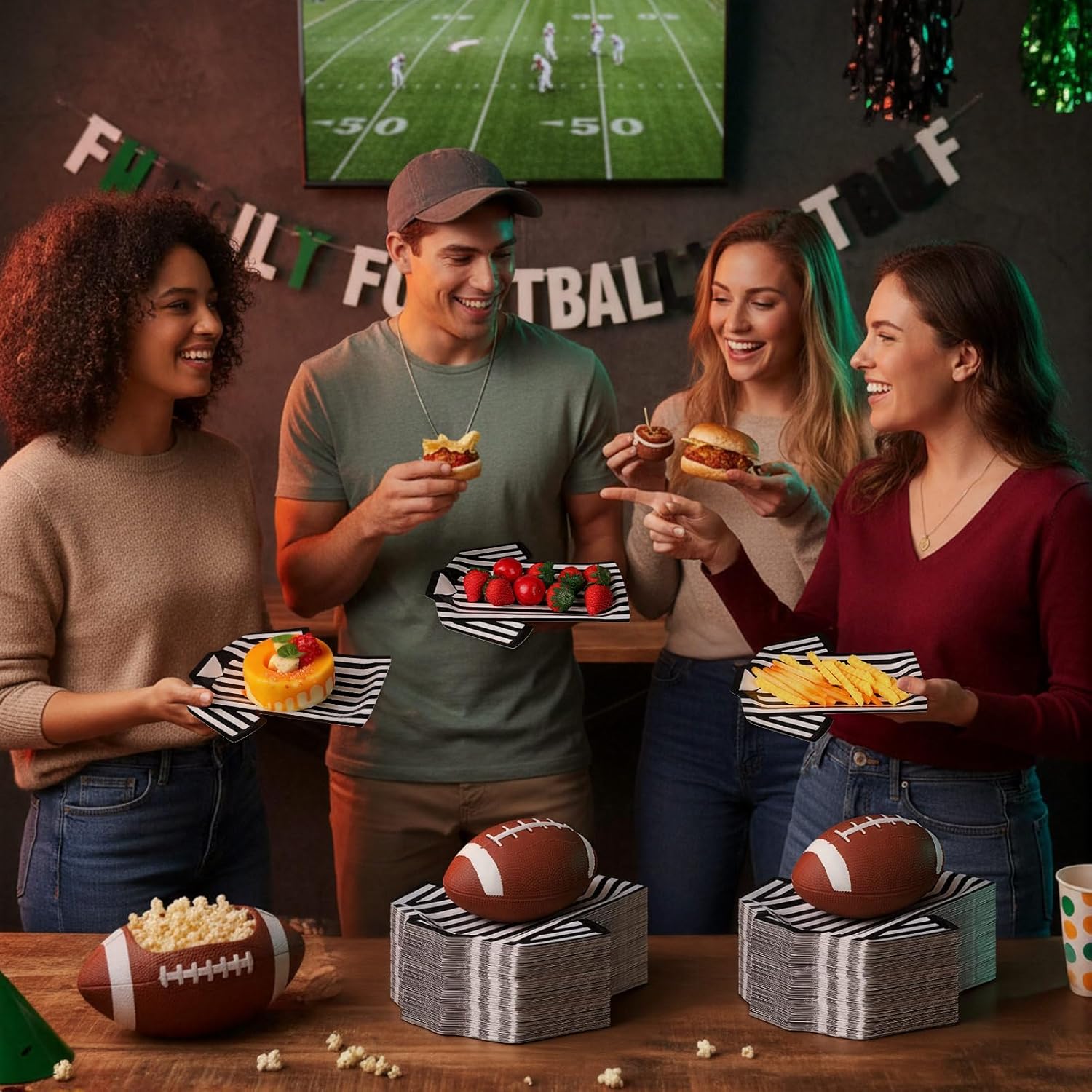 50 Pcs Football Paper Plates 8.7" Referee Shirt Shape Basketball Plates Black White Stripes Football Basketball Party Supplies Referee Coach Shirt Dessert Tableware for Tailgate Birthday - Image 6