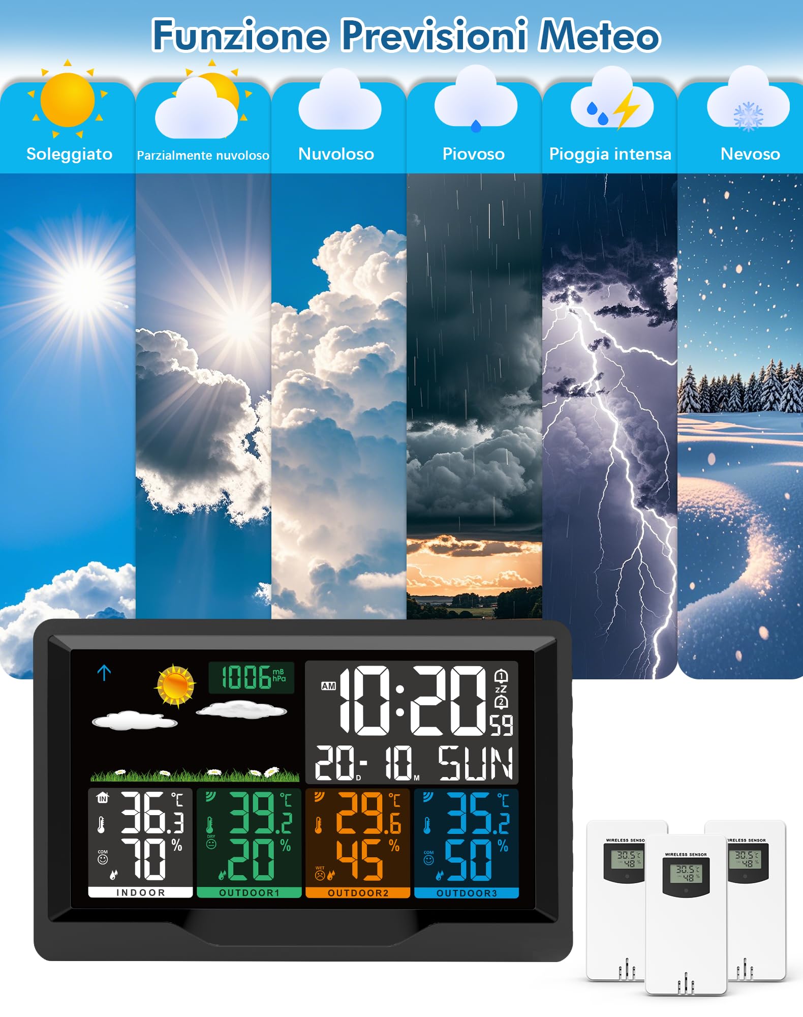 Stazione Meteo Meterologica Digitale con 3 Sensore Esterno Wireless, Stazione Meteorologica con Schermo Colori Sveglia Tempo Data Temperatura umidità Previsioni di Tempo (nero)