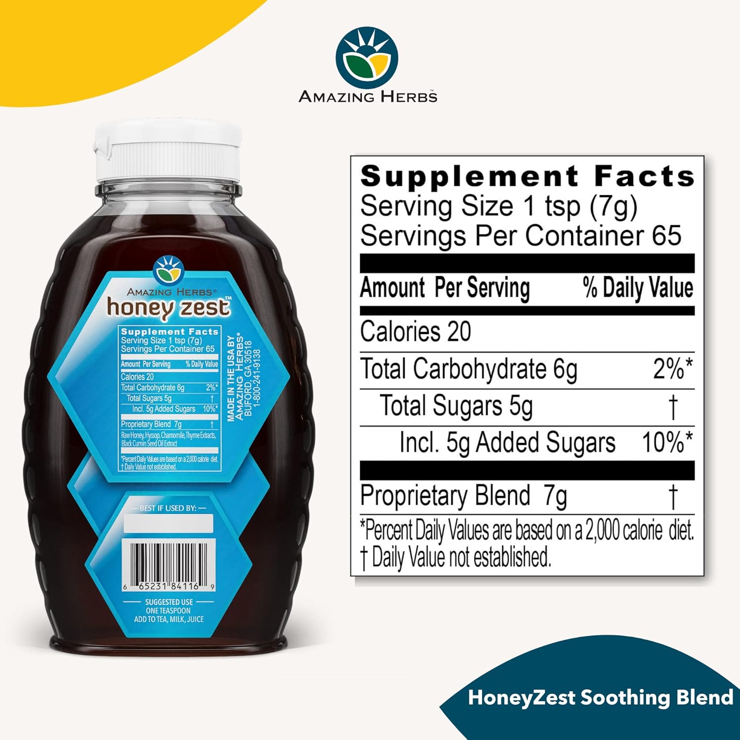 Amazing Herbs Raw Natural Honey - Herbal Honey Infused with Hyssop, Chamomile, Thyme Extracts & Pure Black Seed Oil, Non GMO, Gluten Free Immune Booster - Honeyzest Soothing Blend, 16 Fl Oz