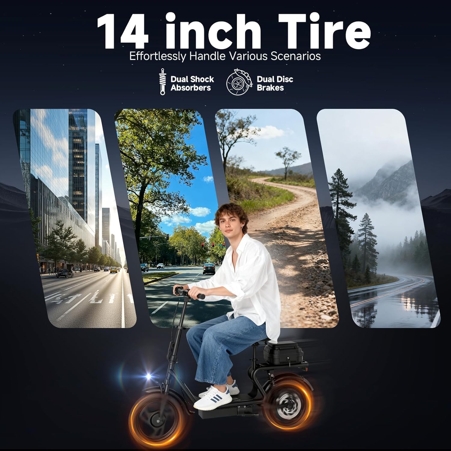 Foldable Electric Scooter for Adults, 350W/500W Motor, Up to 22 MPH, 8.5"/10"/14" Tires, 15‑31 Miles Range, Dual Brakes E Scooter with Seat & Bag