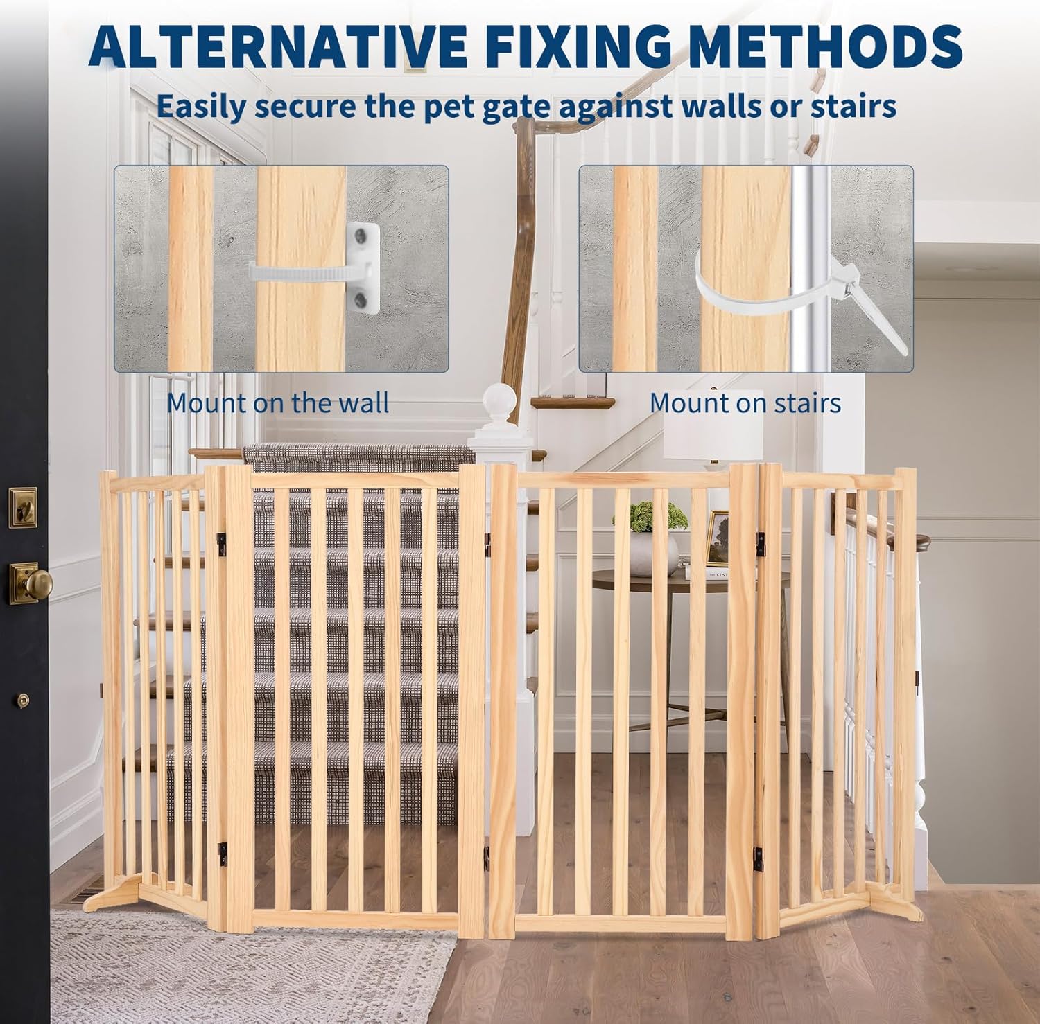 Freestanding Pet Gate,Wooden Dog Fence with 2 Support Feet, Collapsible Dog Gate for Indoor, Stairs, Doorway, Hall, Kitchen,Step-Over Safety Pet Barrier,Paint-Free, Solid Hardwood, 4 Panel H:36”