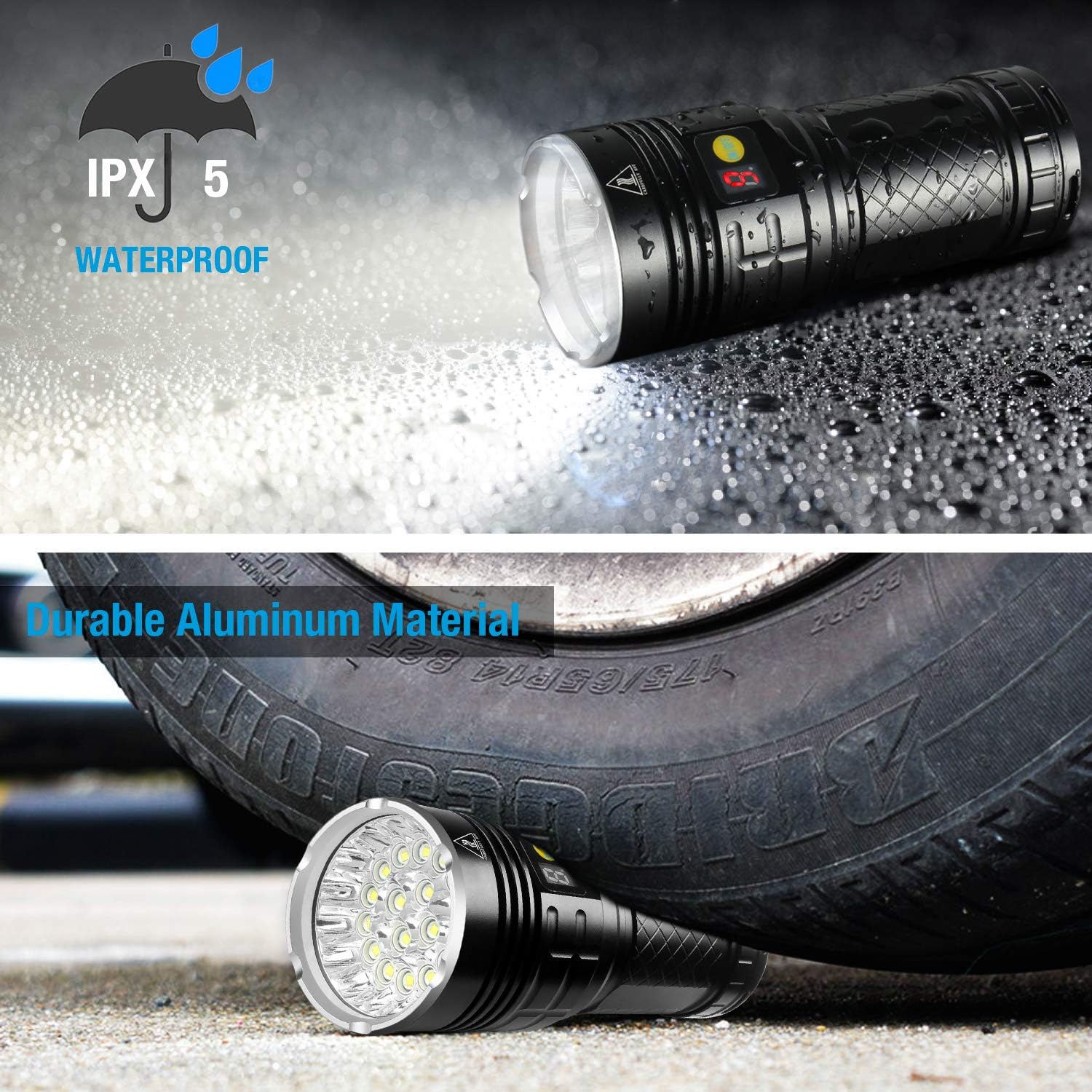 12000 Lumens LED Flashlight - iVict 18xLEDs Flashlights Extremely Bright CREE XM-L T6 LED, Type-C Fast Rechargeable, Build-in Batteries, 4 Modes & Power Display Function, IPX-5 Waterproof Flashlight