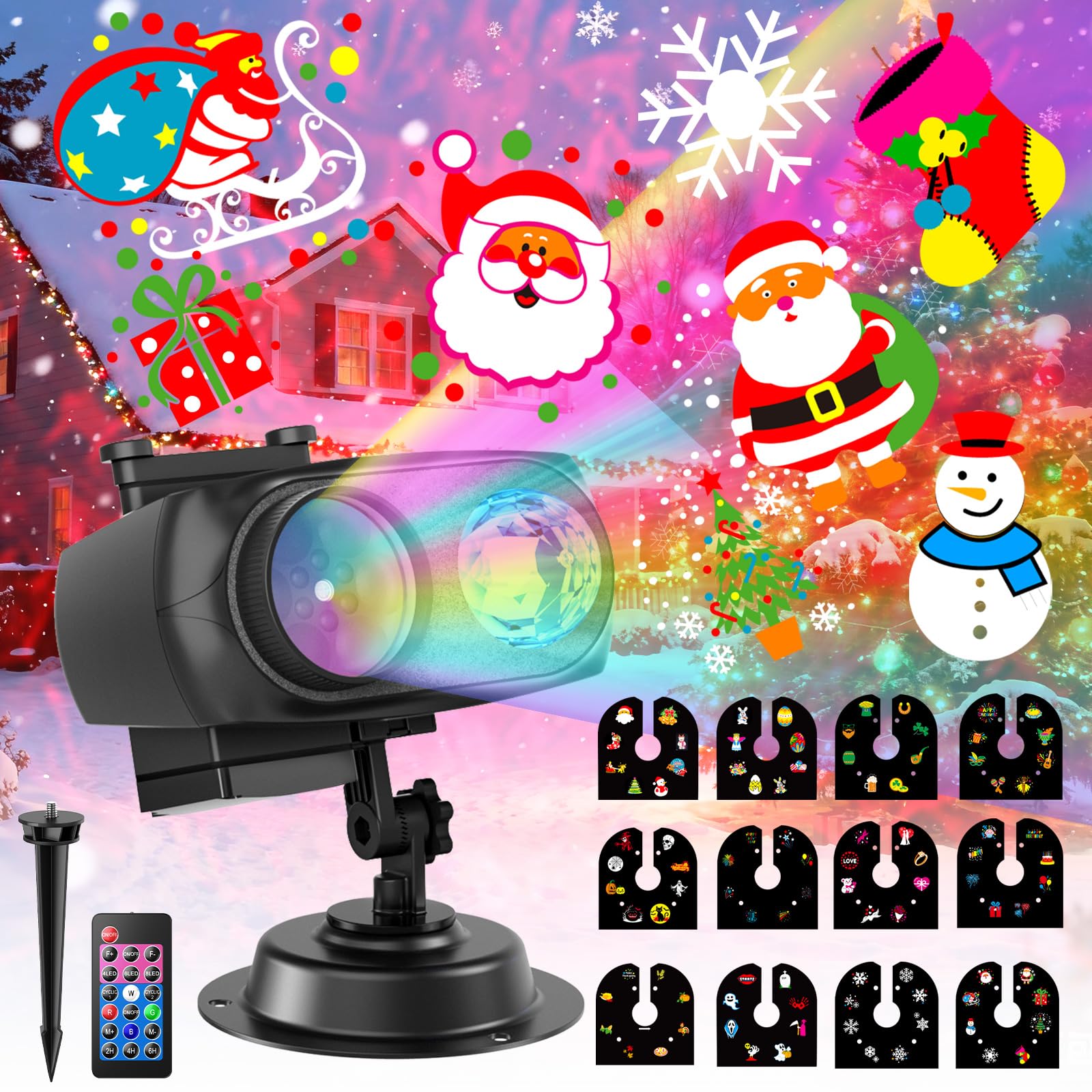 Projektor Weihnachten Außen, 2-in-1 Hologramm Projektor mit 12 Folien 8 Mustern 10 Farben Welleneffekt, Wasserdicht Projektionslampe mit Timer für Weihnachten Fensterdekor