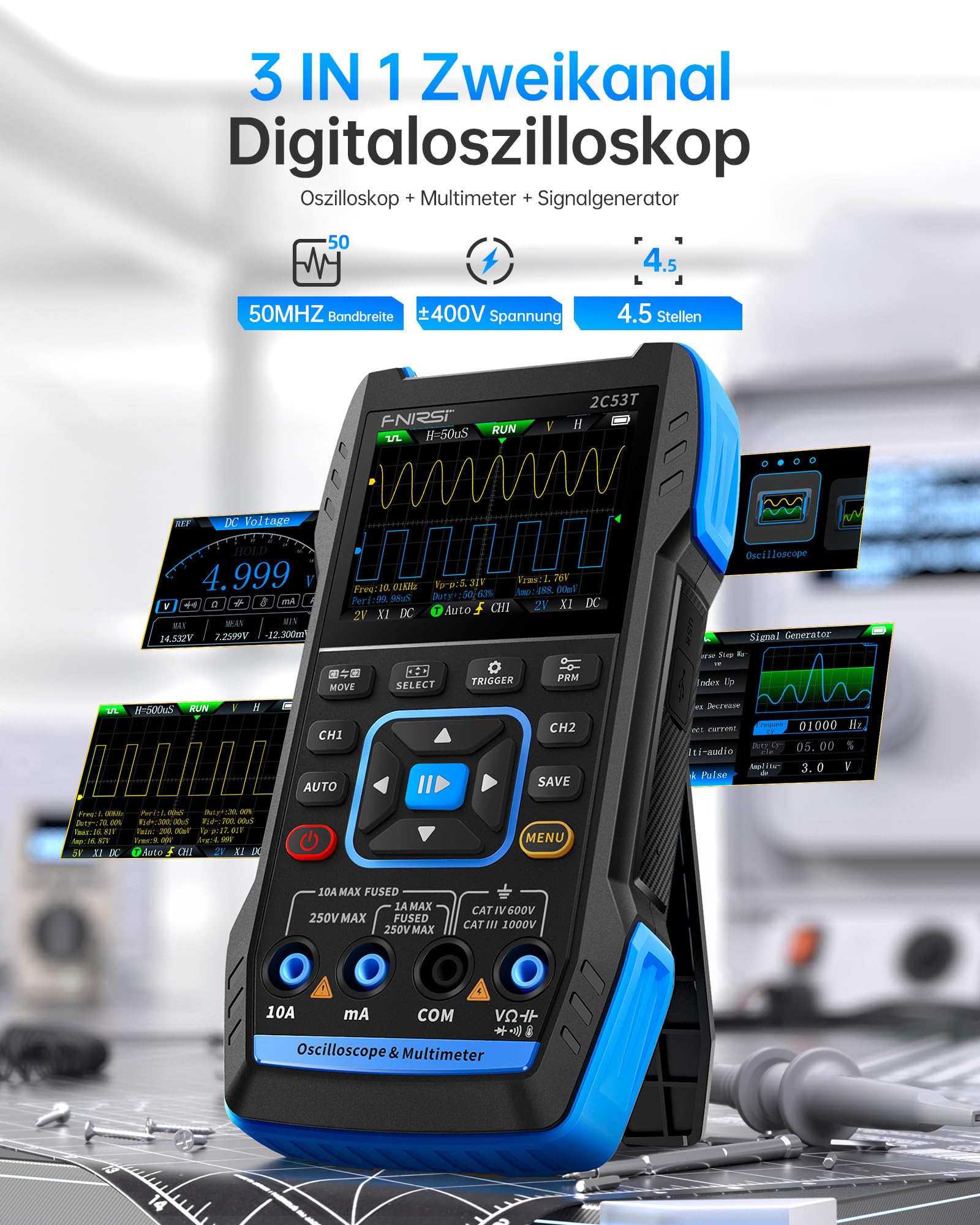 FNIRSI 2C53T Osciloscopio Portátil Digital 3 en 1 50MHz 250MS/s Multímetro Generador de Señales DDS