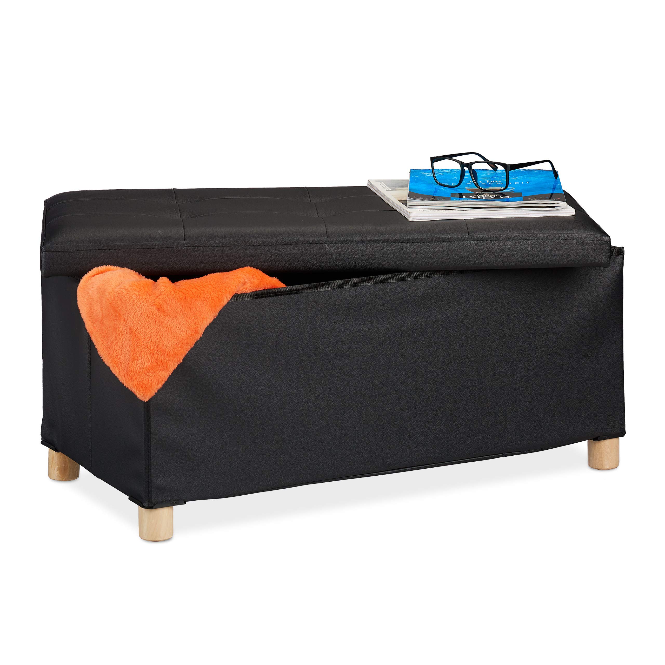 Relaxdays Banco con Almacenaje, Baúl Almacenamiento, Piel Sintética, Asiento Acolchado, Corredor, 35 x 76 x 37 cm, Negro, Tablero de Fibras, 1 Unidad