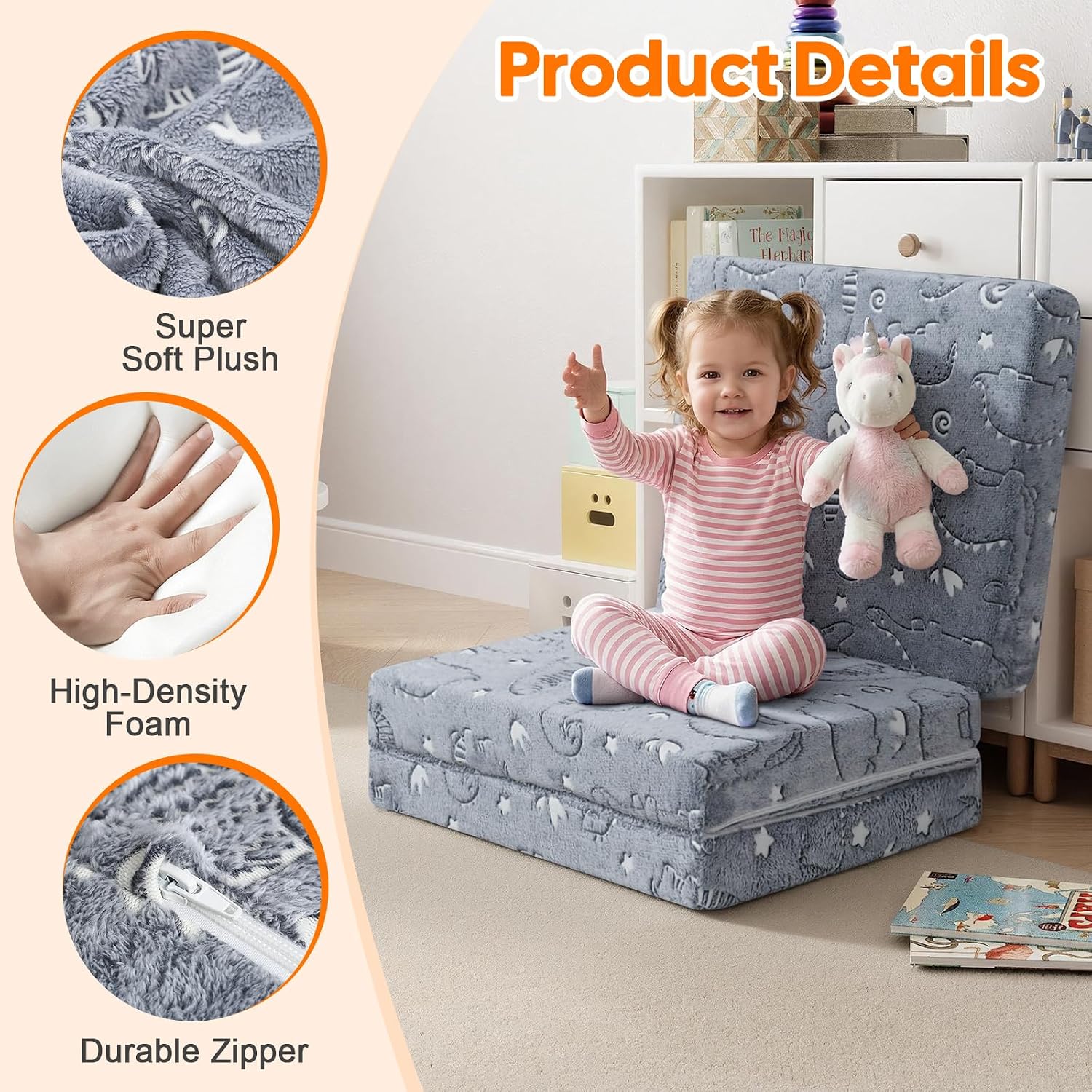 MeMoreCool Glow Dinosaur Foldable Floor Mattress for Kids, Trifold Nap Mat for Toddlers, Portable Daycare Sleeping Futon or Floor Bed, 63x26 Inch